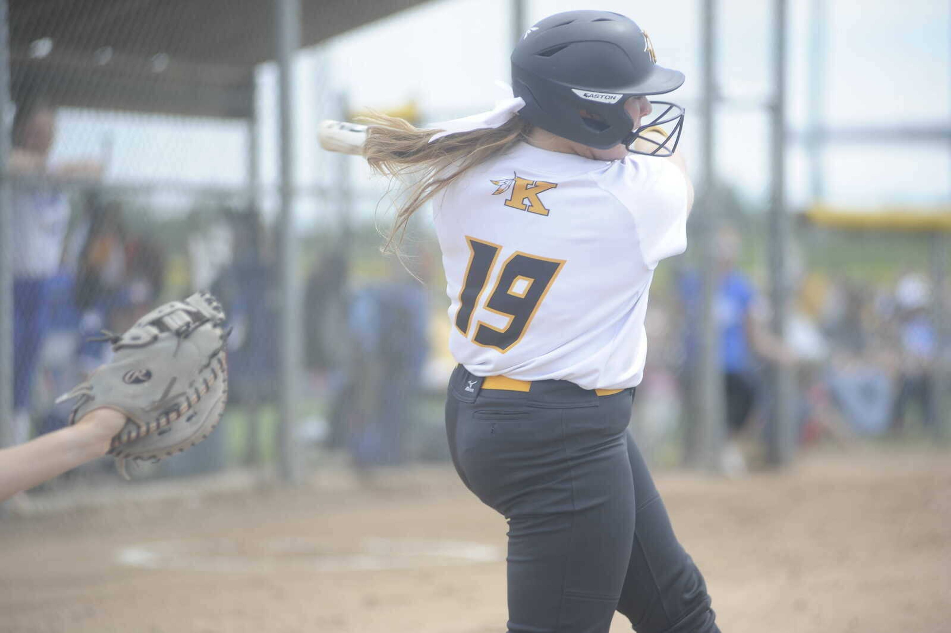 Kennett Lady Indian Avery Payne swings for the cheap seats at the MSHSAA C2 Semifinal game at Springfield.