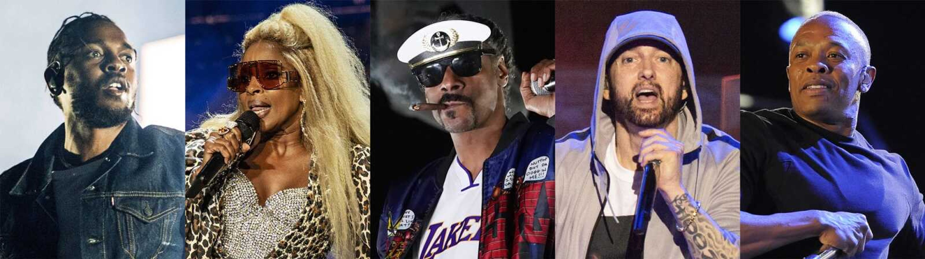 This combination of photos shows, from left, Kendrick Lamar, Mary J. Blige, Snoop Dogg, Eminem and Dr, Dre, who will perform for the first time together on stage at the 2022 Pepsi Super Bowl Halftime Show on Sunday at SoFi Stadium in Inglewood, California.