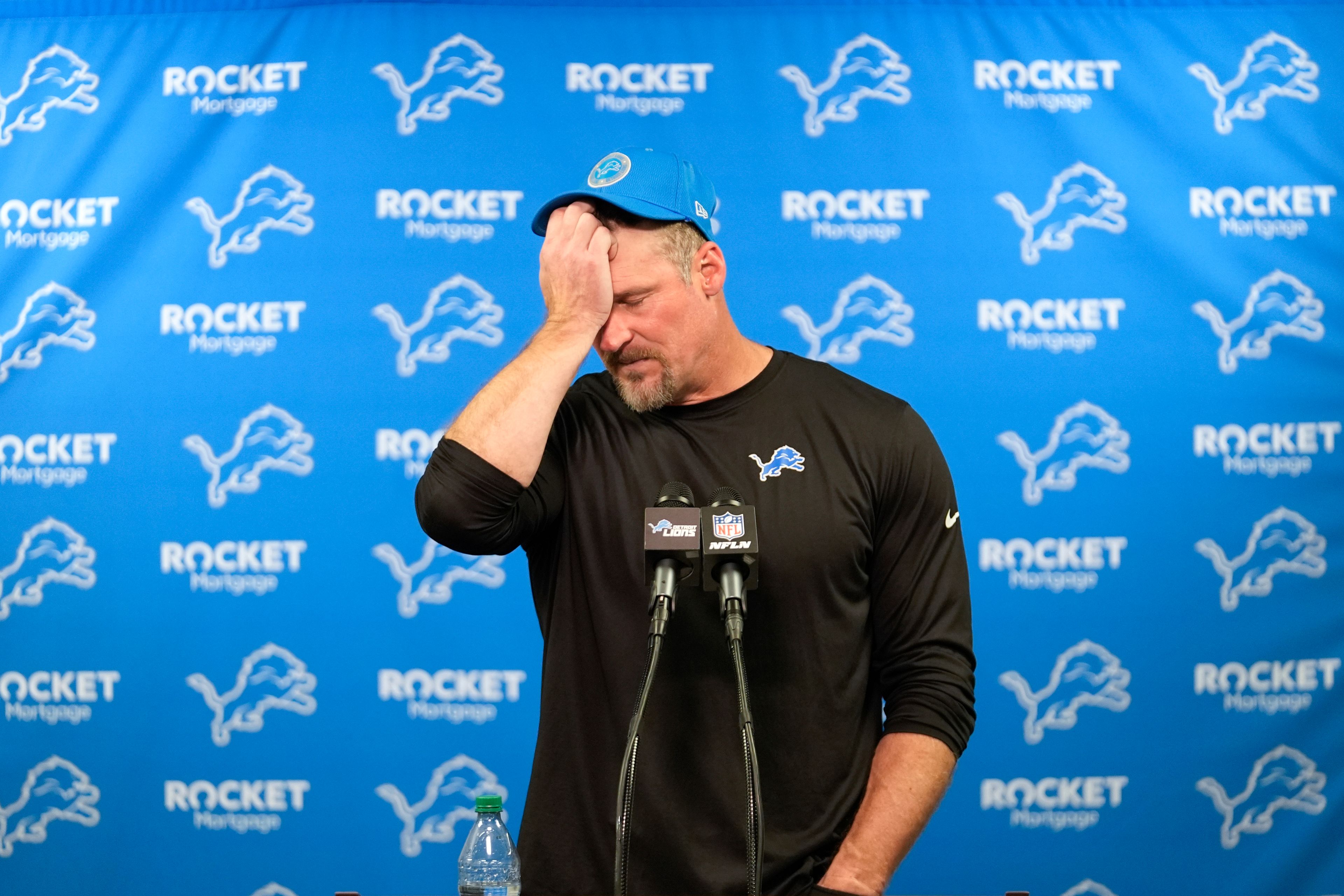 Detroit Lions head coach Dan Campbell reacts as he speaks to the media after an NFL football game against the Tennessee Titans, Sunday, Oct. 27, 2024, in Detroit. (AP Photo/Paul Sancya)