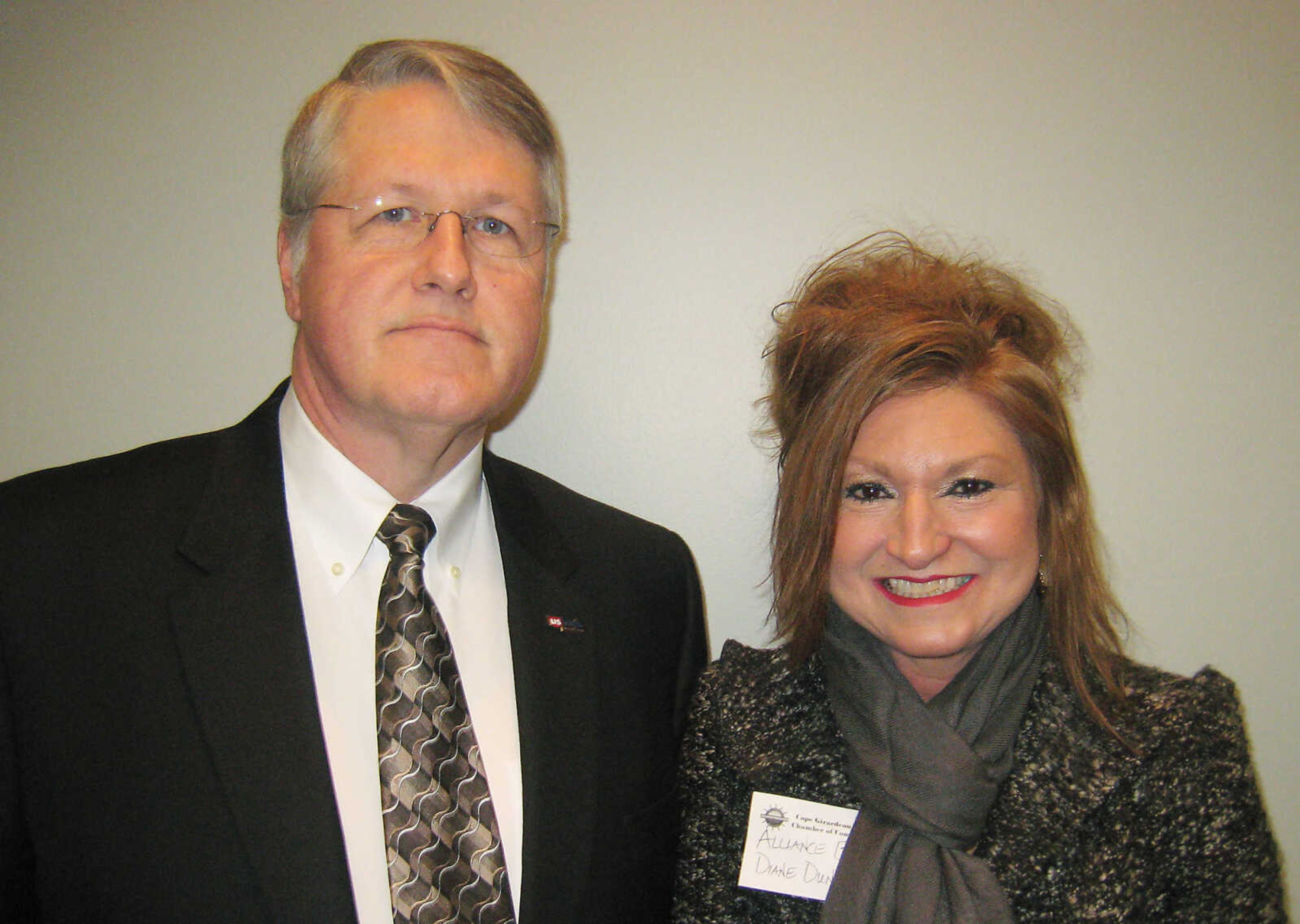 Matt Henson, U.S. Bank, left, and Diane Duncan, Alliance Bank, at the Cape Girardeau Area Chamber of Commerce First Friday Coffee, Feb. 1, at the Show Me Center.