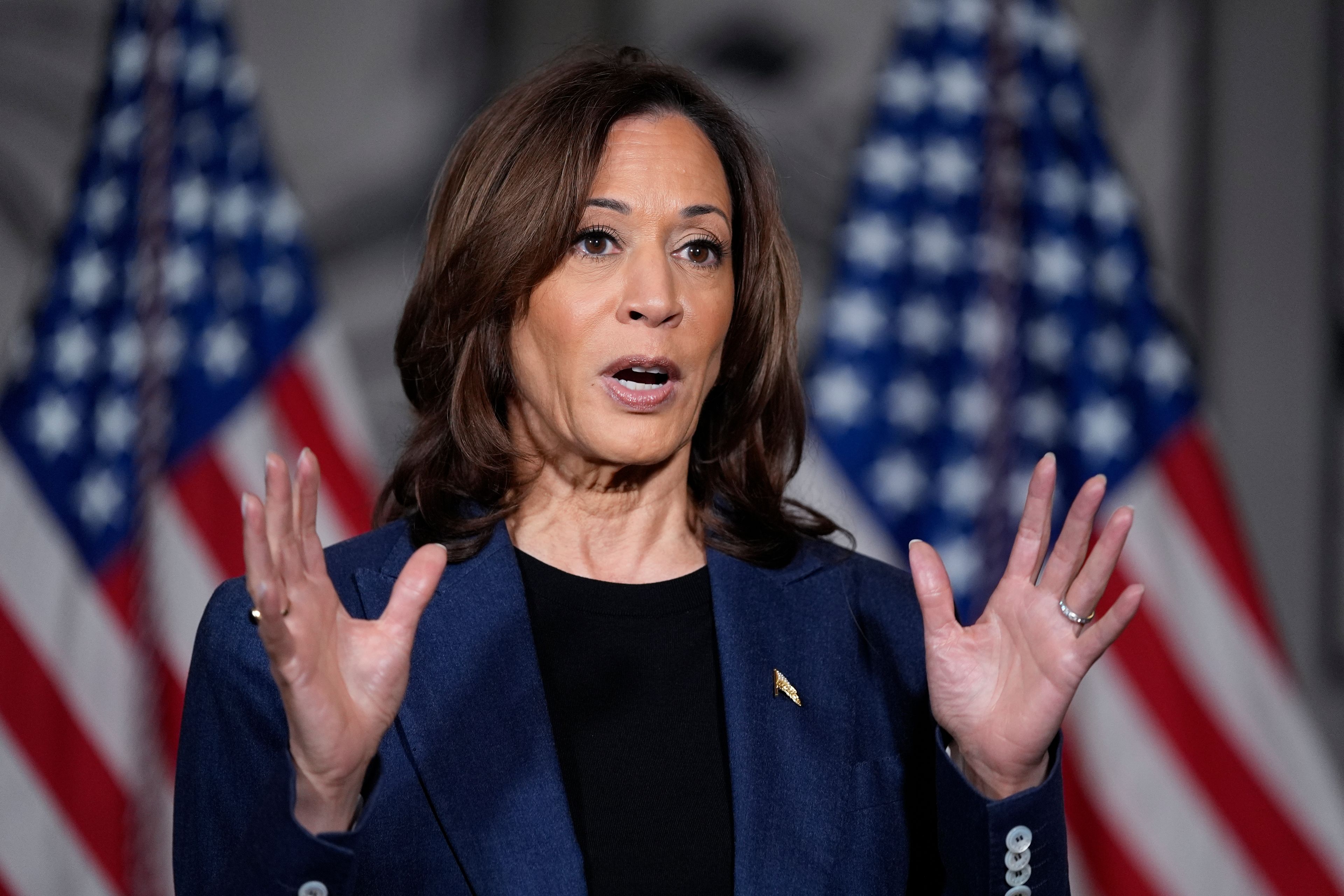 Democratic presidential nominee Vice President Kamala Harris speaks to reporters in Houston, Friday, Oct. 25, 2024. (AP Photo/Susan Walsh)