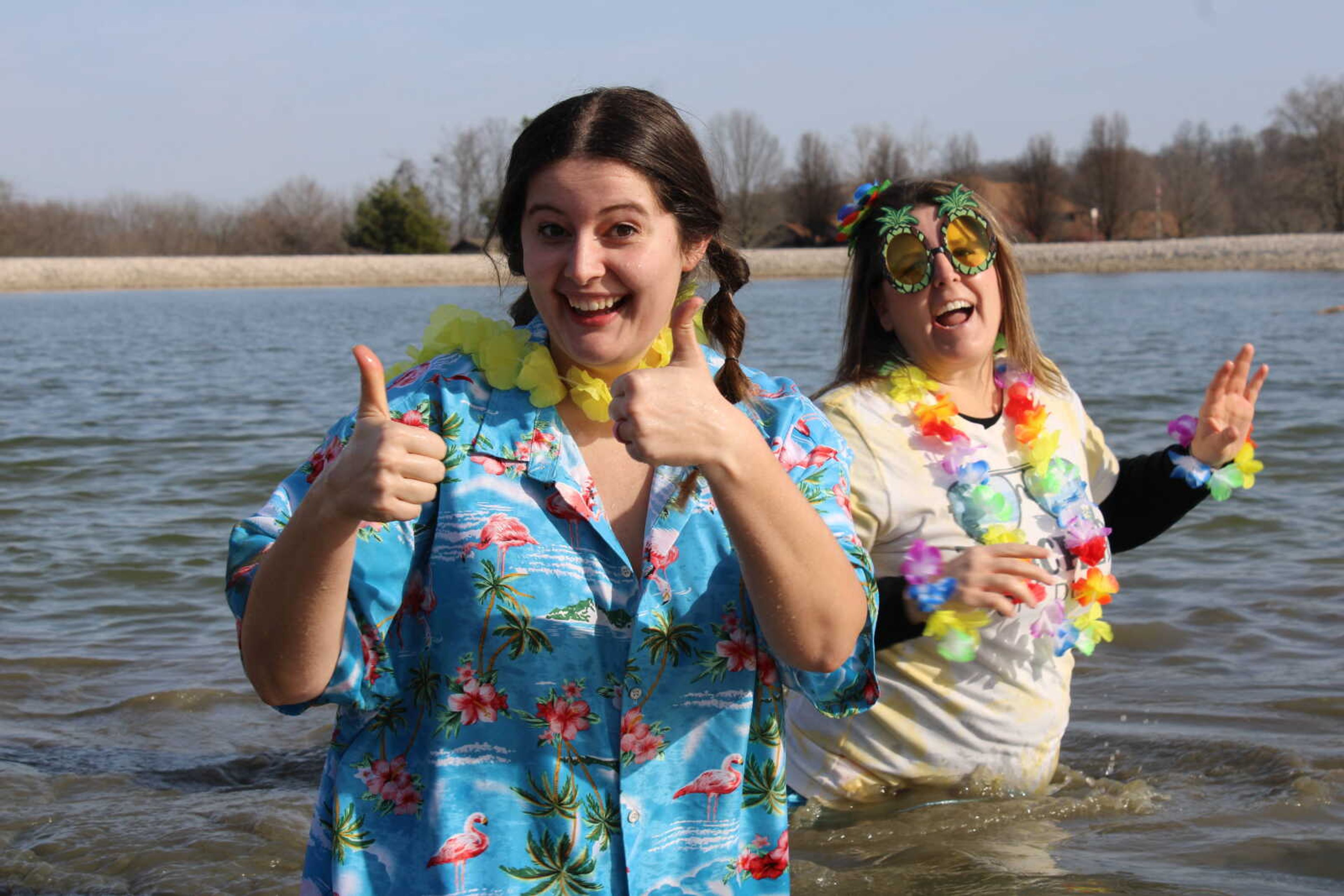 Chaffee Student Council advisors Anna Knutson and Morgan Swinford stop in the cold water to pose