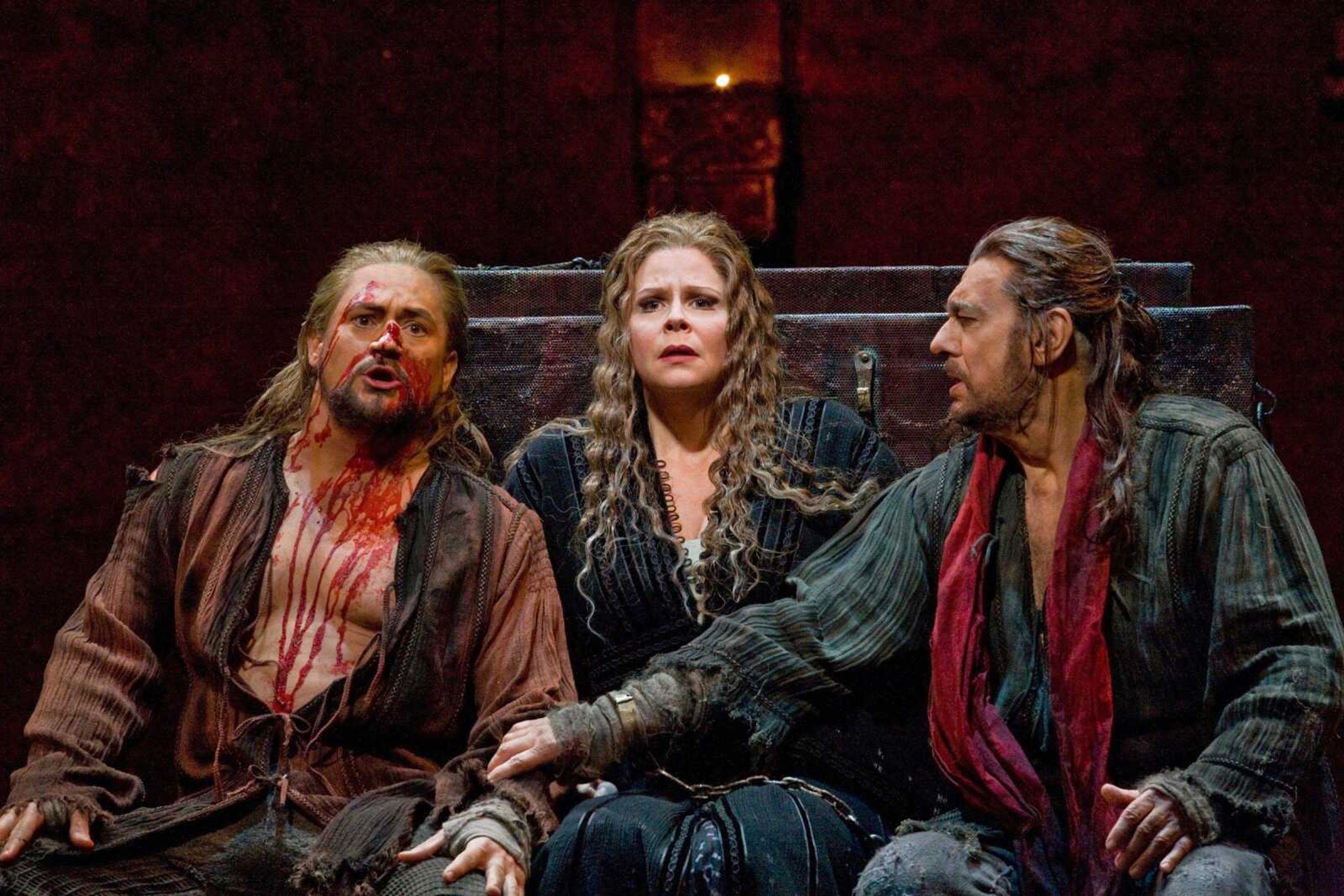 Paul Groves as Pylade, Susan Graham as Iphigenie and Placido Domingo as Orestes perform in the Metropolitan Opera's production of Gluck's "Iphigenie en Tauride." (Ken Howard ~ Metropolitan Opera)