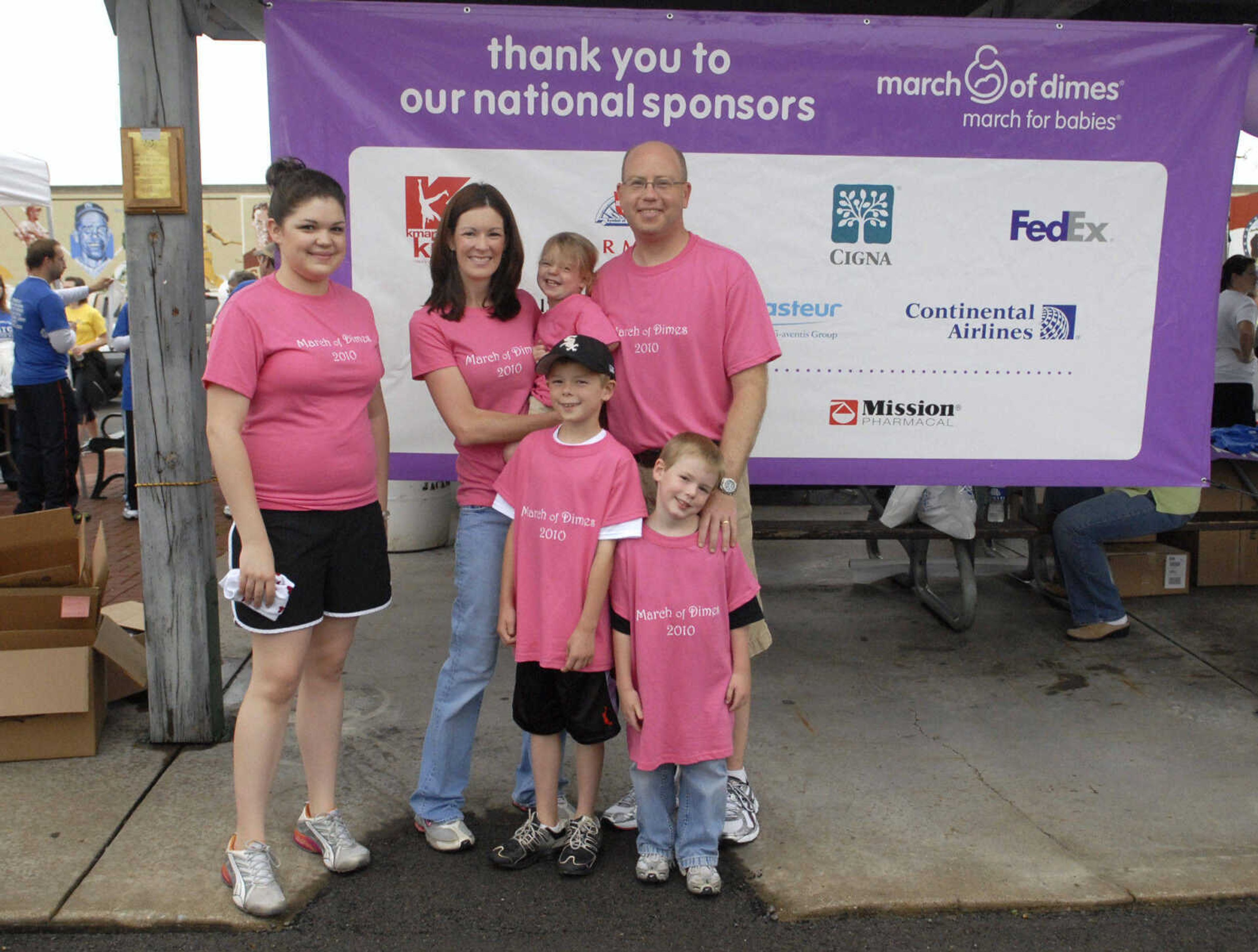 KRISTIN EBERTS ~ keberts@semissourian.com

The Lipke's were the March of Dimes Ambassador Family who led the March for Babies in Cape Girardeau, Mo., on Saturday, May 1, 2010. From left are: family friend and babysitter Bailey Payne, Ashley Lipke, Kate Lipke, 2, Parker Lipke, 8, Scott Lipke, and Layton Lipke, 6.