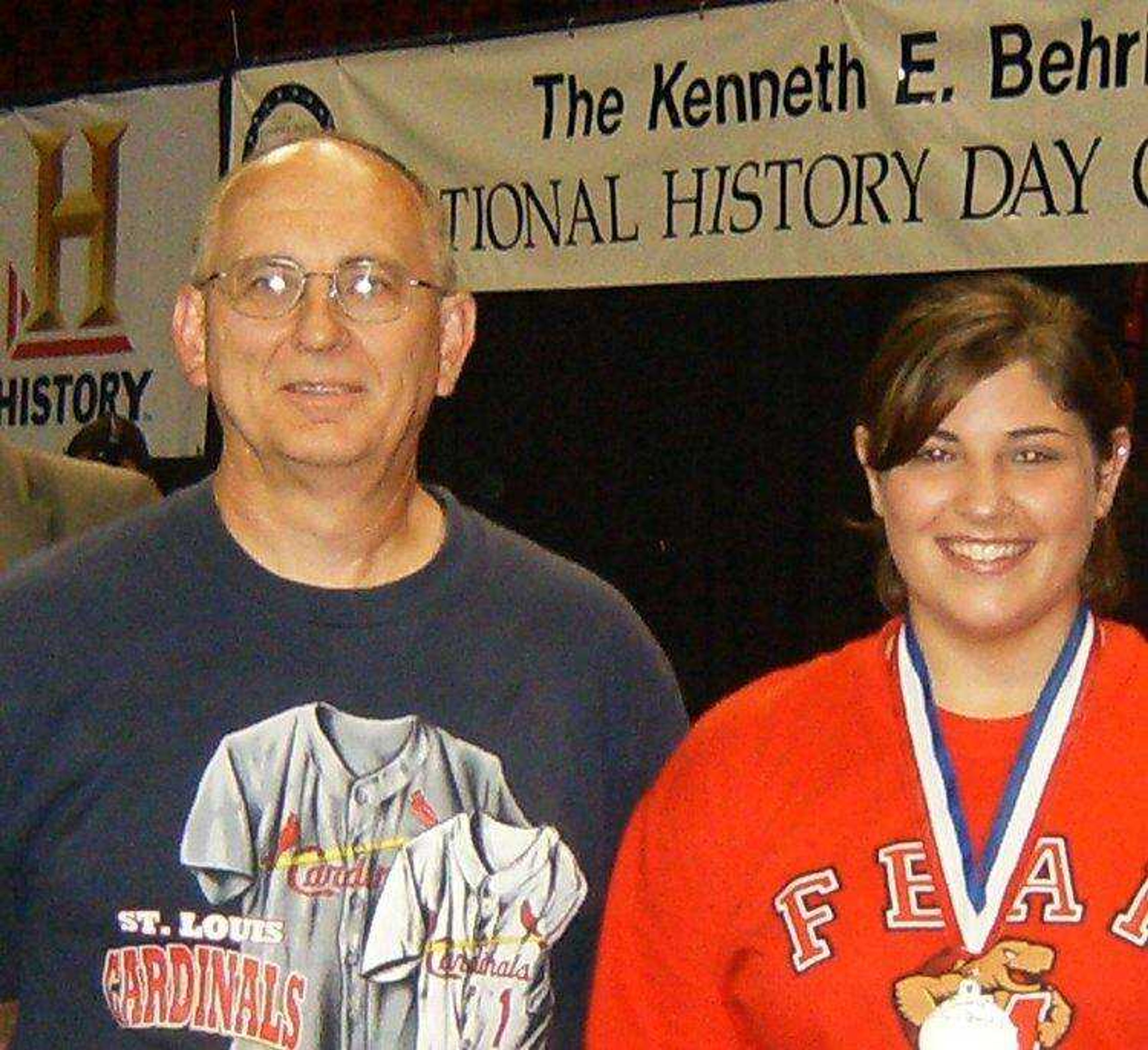 Michael Murphy, a history teacher in Risco, Mo., is shown with student Kassidy Murphy (no relation), who finished second in a national History Day contest.