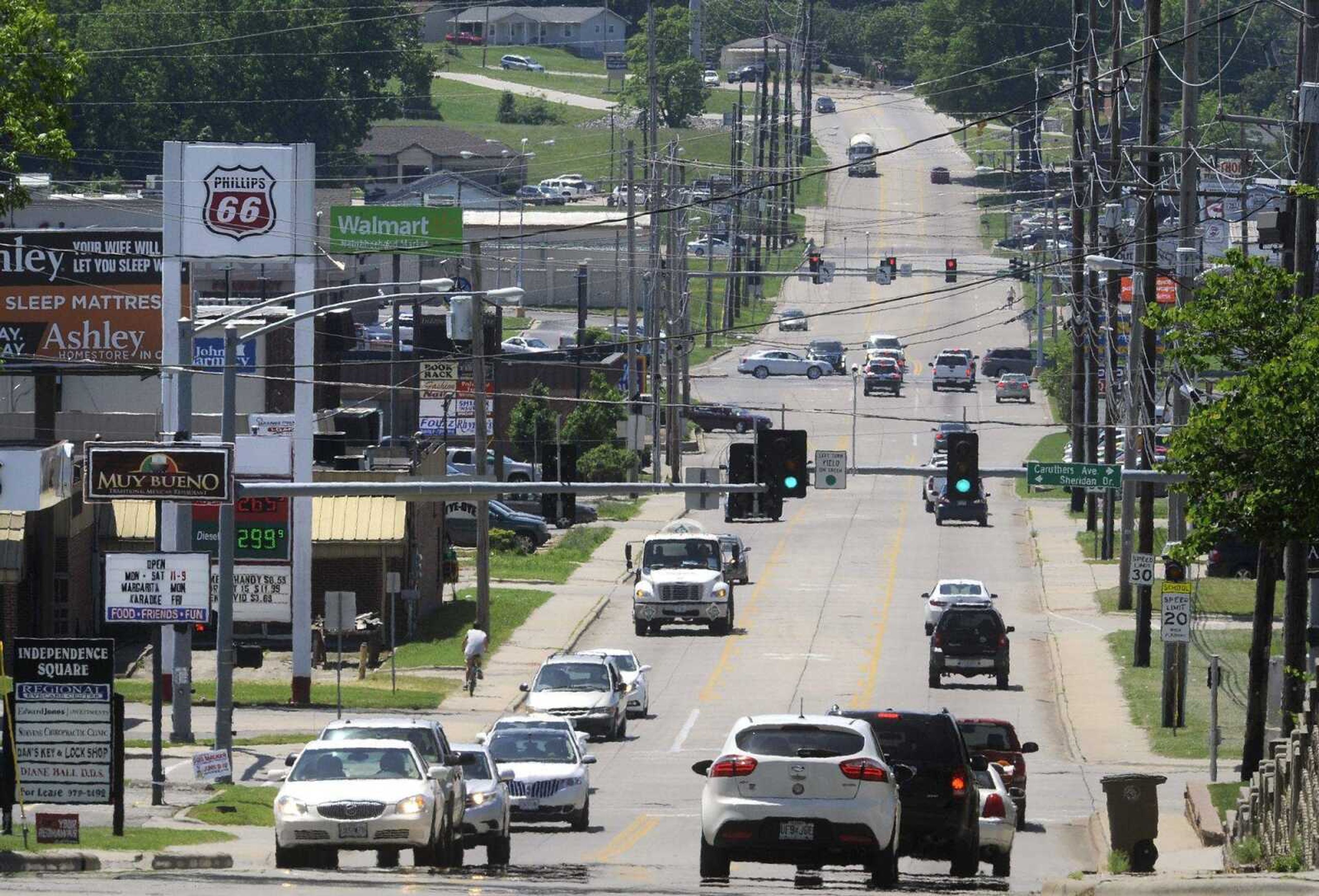 Traffic is seen May 23 on Independence Street west from near Sunset Boulevard toward the roundabout at East Rodney Drive in Cape Girardeau.