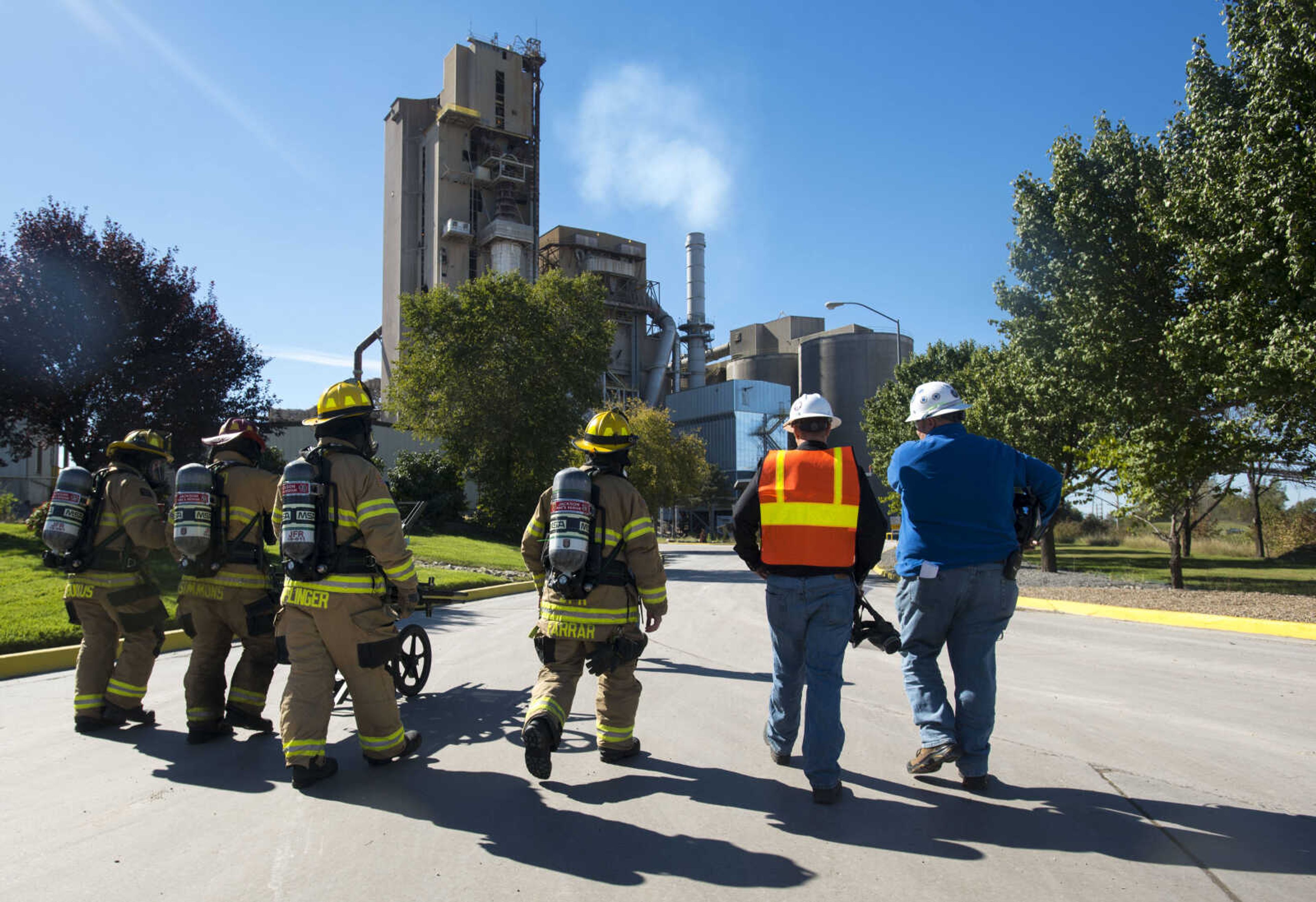 Members of the SEMO Homeland Security Response Team conduct hazmat training on Wednesday, Oct. 17, 2018 at the Cape Girardeau Buzzi Unicem cement plant.