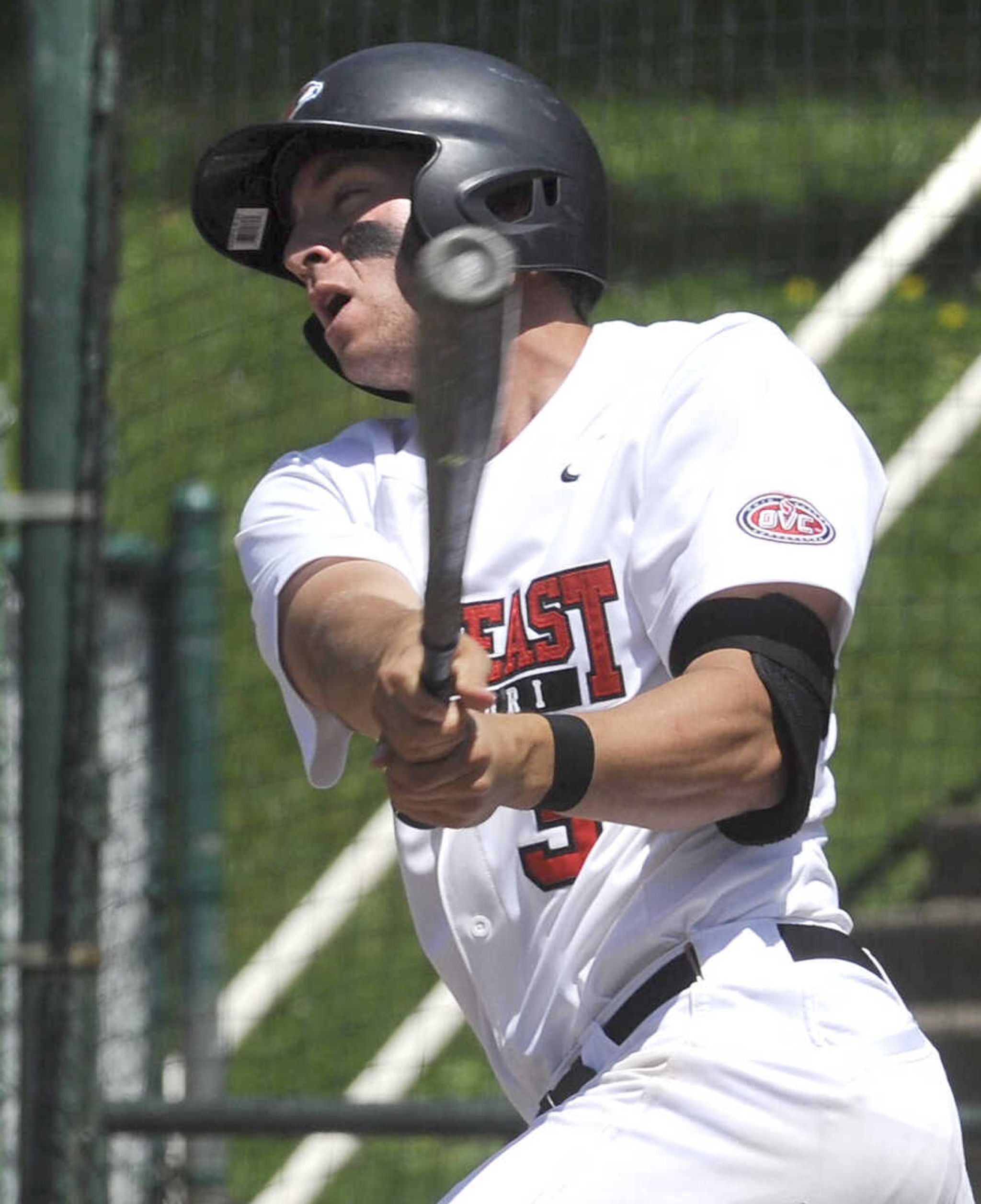 Southeast Missouri State's Brandon Boggetto doubles against Stephen F. Austin batter during the first inning Friday, May 13, 2016 at Capaha Field. 