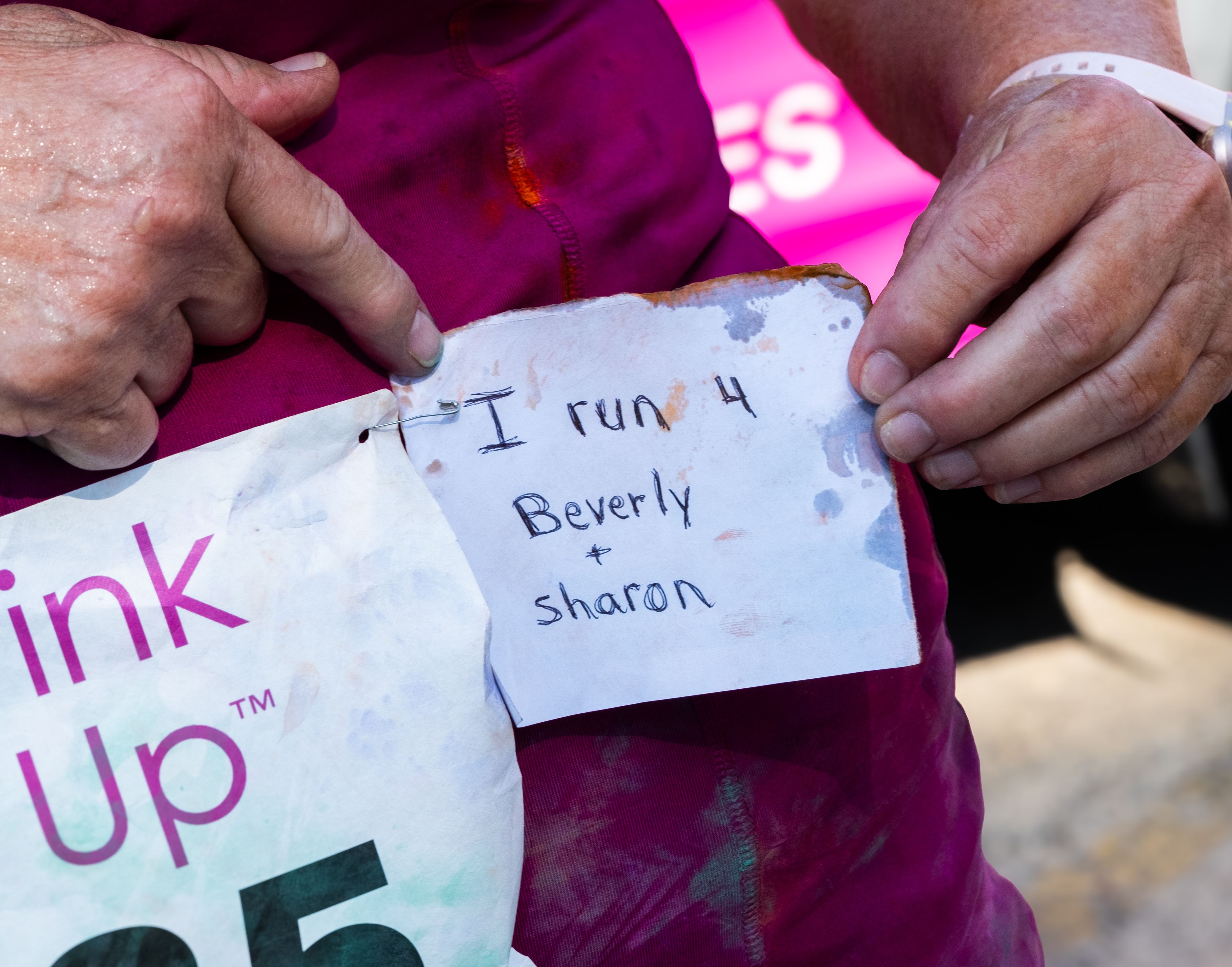 Deborah Pool of Marble Hill runs in honor of her two friends who survived breast cancer.
