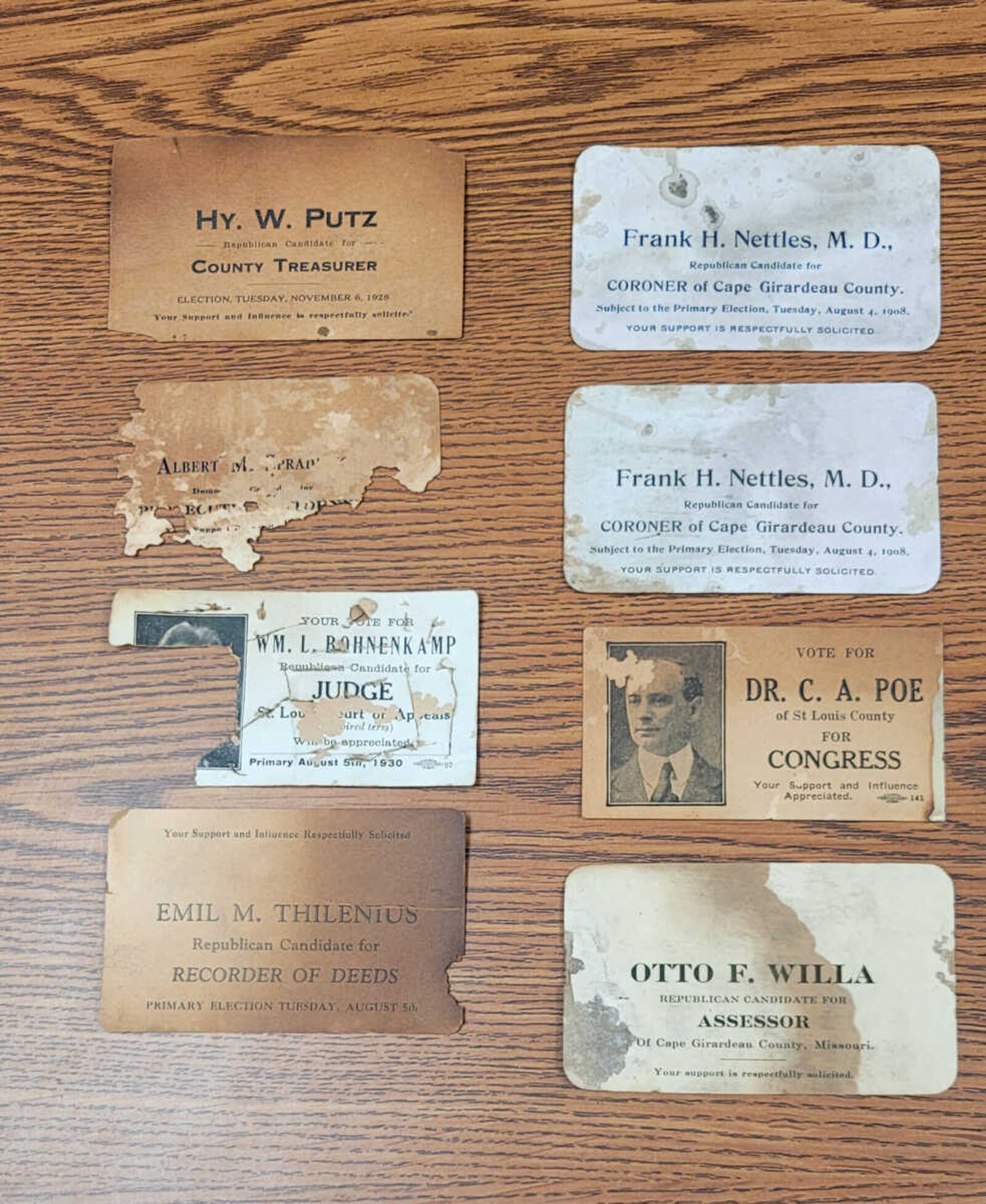 These “election cards” were found in the wall of the 1908 courthouse during remodeling and are now part of the Cape Girardeau County Archive Center’s collection.