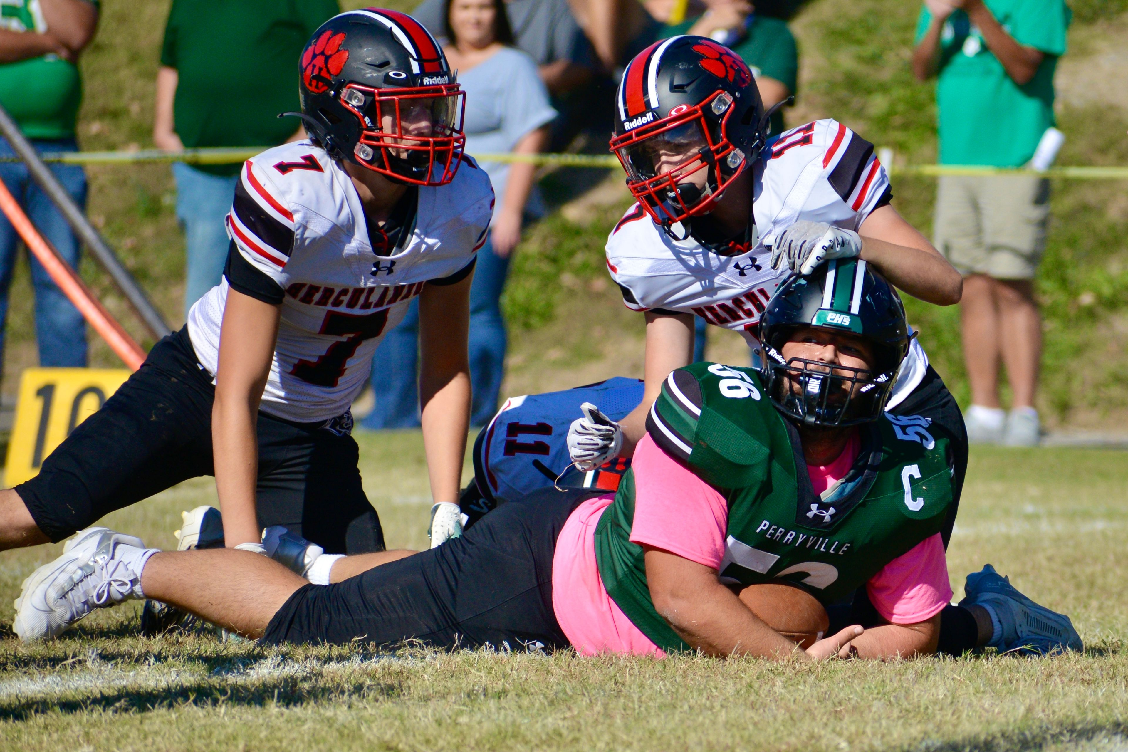 Perryville center Eli Hemingway falls into the end zone during a game against Herculaneum on Saturday, Oct. 19, in Perryville. Hemingway scored on the next play. 