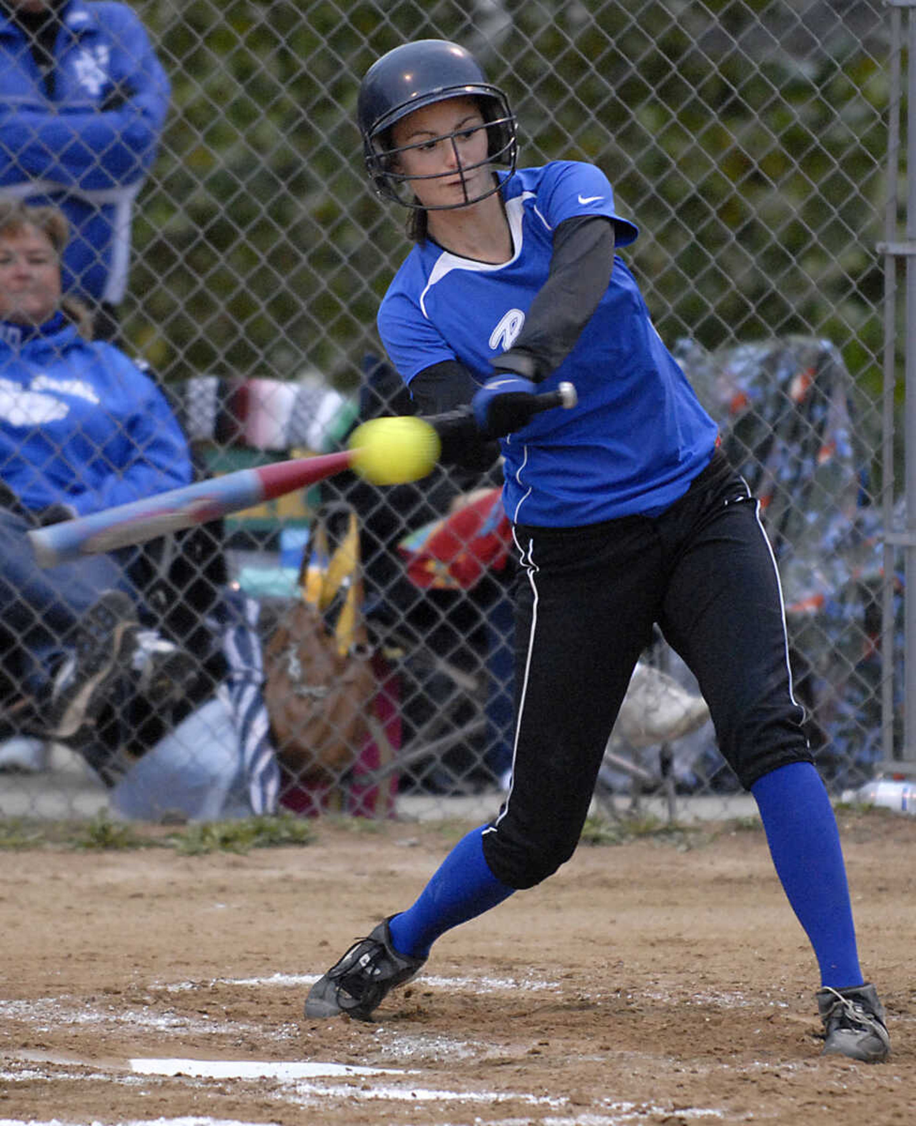 KIT DOYLE ~ kdoyle@semissourian.com
Notre Dame junior Nicole Blattel bats against DeSoto Thursday, October 15, 2009, in Poplar Bluff.