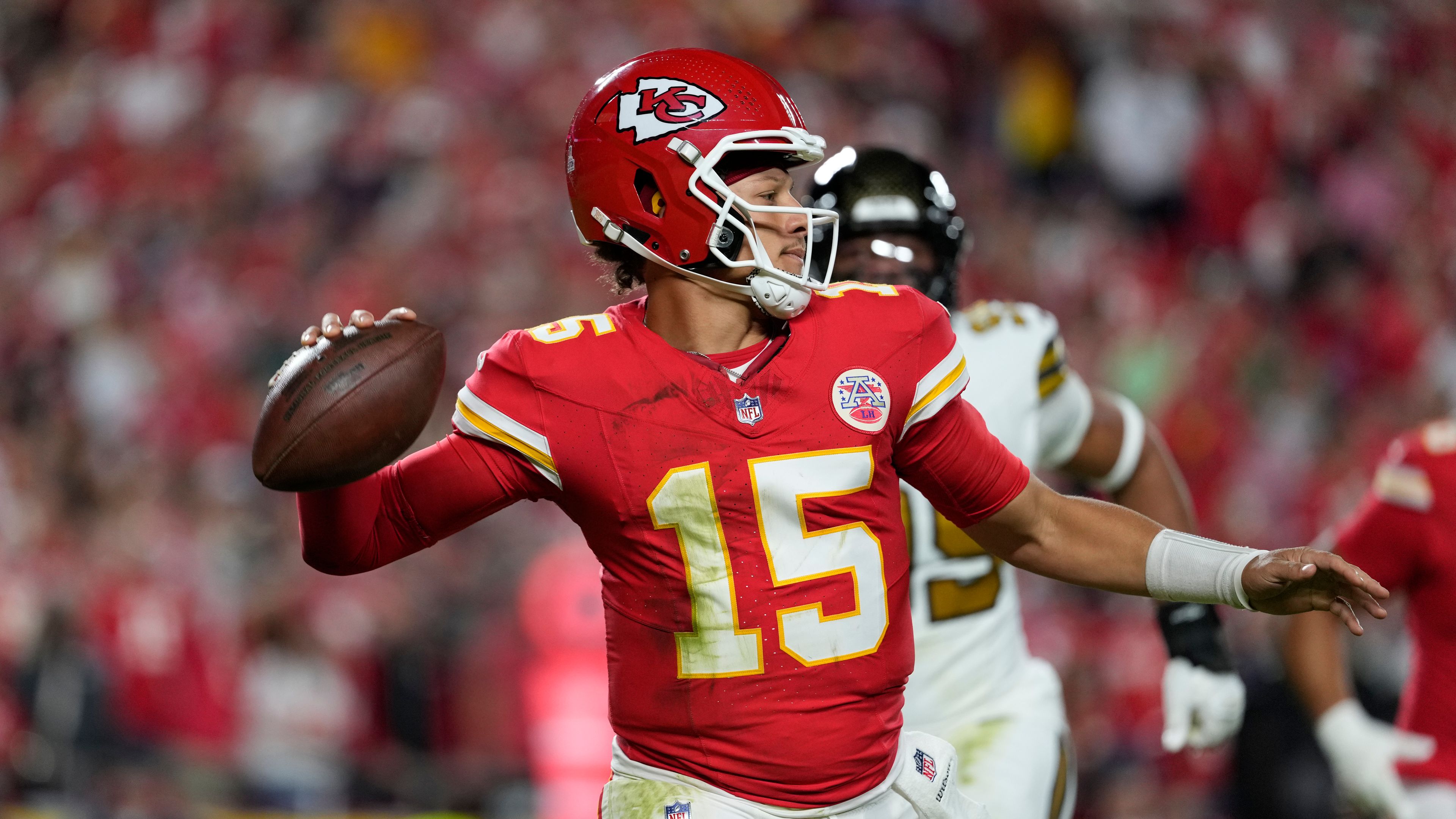 Kansas City Chiefs quarterback Patrick Mahomes throws during the first half of an NFL football game against the New Orleans Saints Monday, Oct. 7, 2024, in Kansas City, Mo. (AP Photo/Ed Zurga)