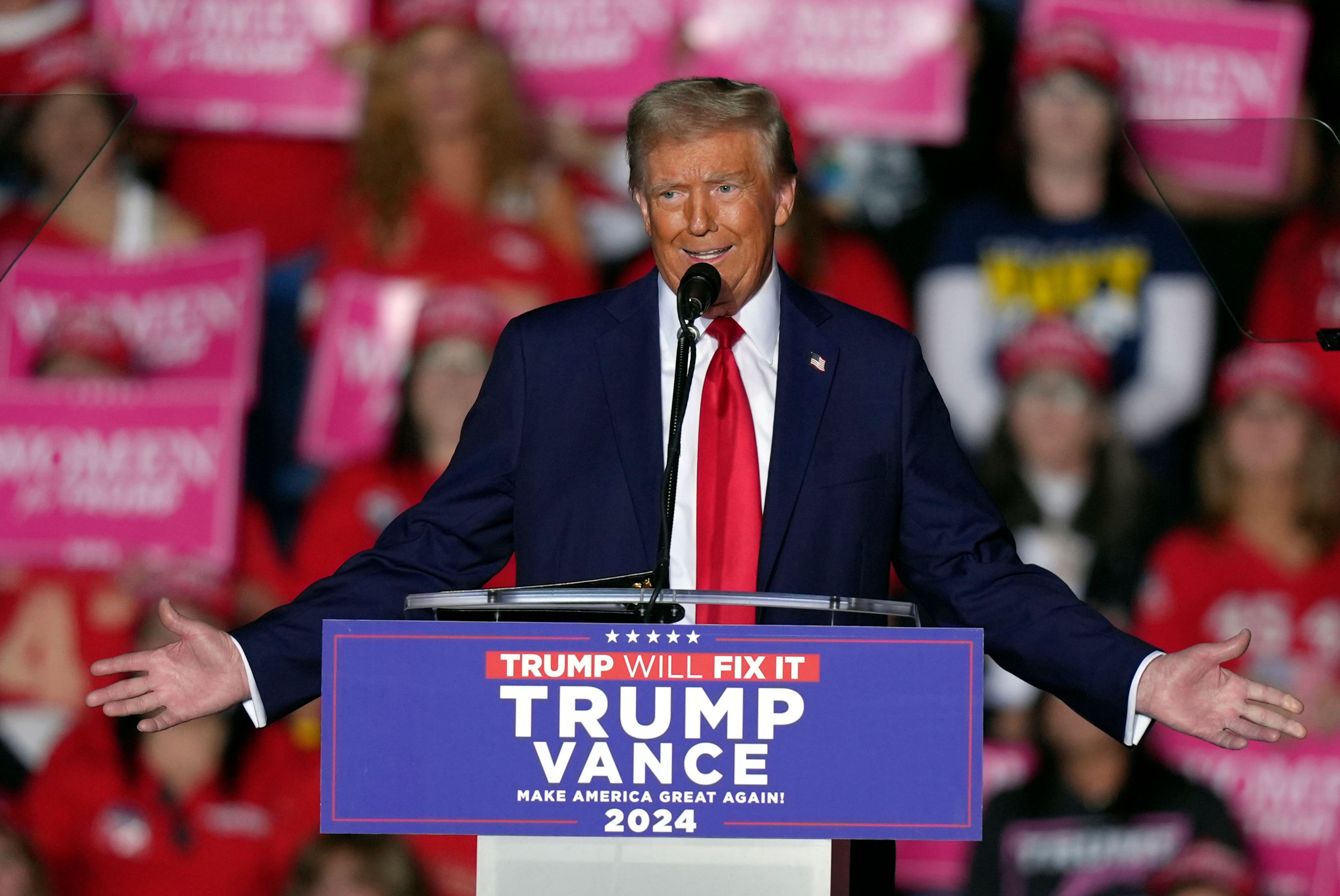 Republican presidential candidate former President Donald Trump speaks at a campaign rally, Monday, Nov. 4, 2024, in Reading, Pa. (AP Photo/Chris Szagola)