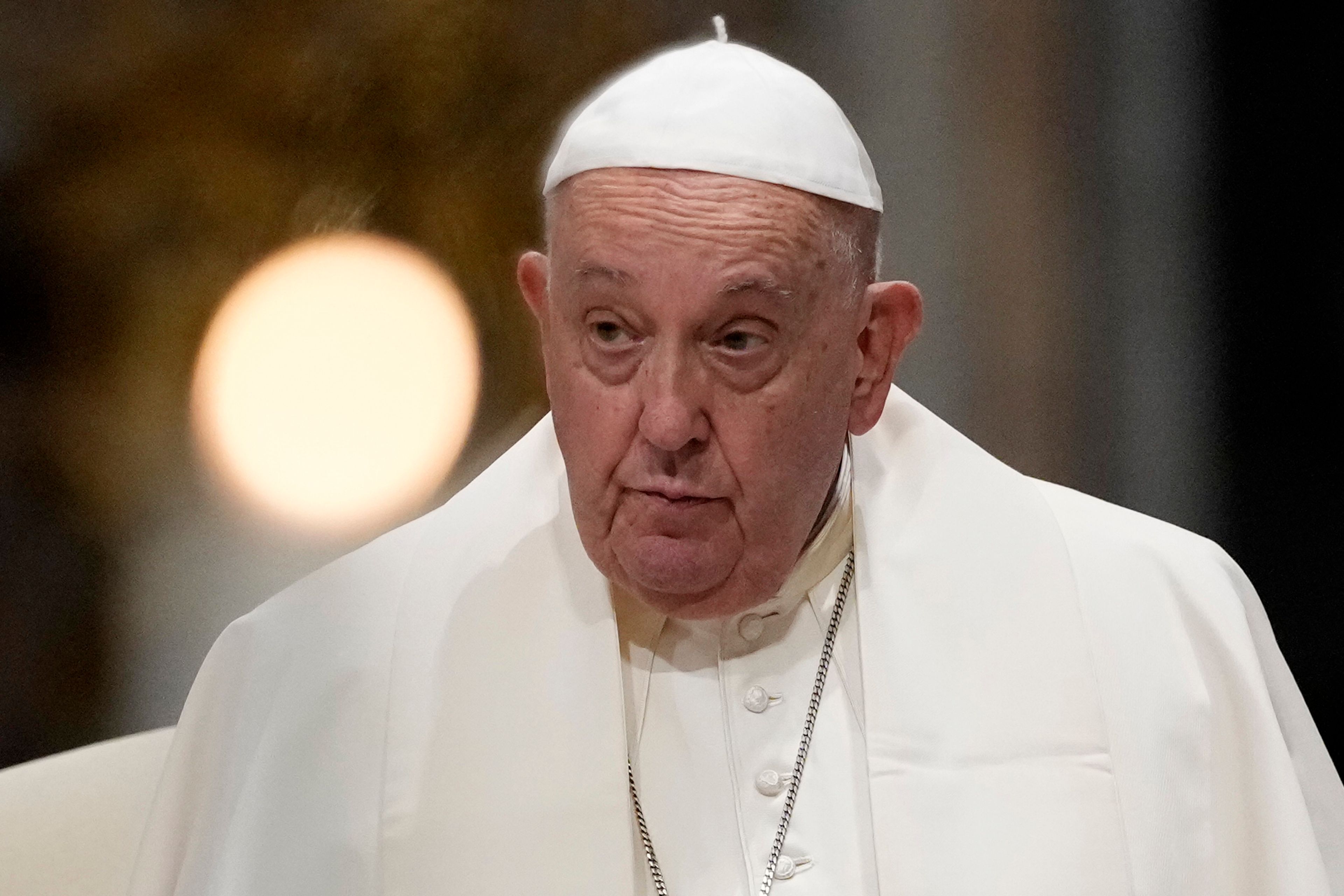 FILE - Pope Francis attends a meeting with diocesan community in the Basilica of St. John Lateran, in Rome, Friday, Oct. 25, 2024. (AP Photo/Alessandra Tarantino, File)