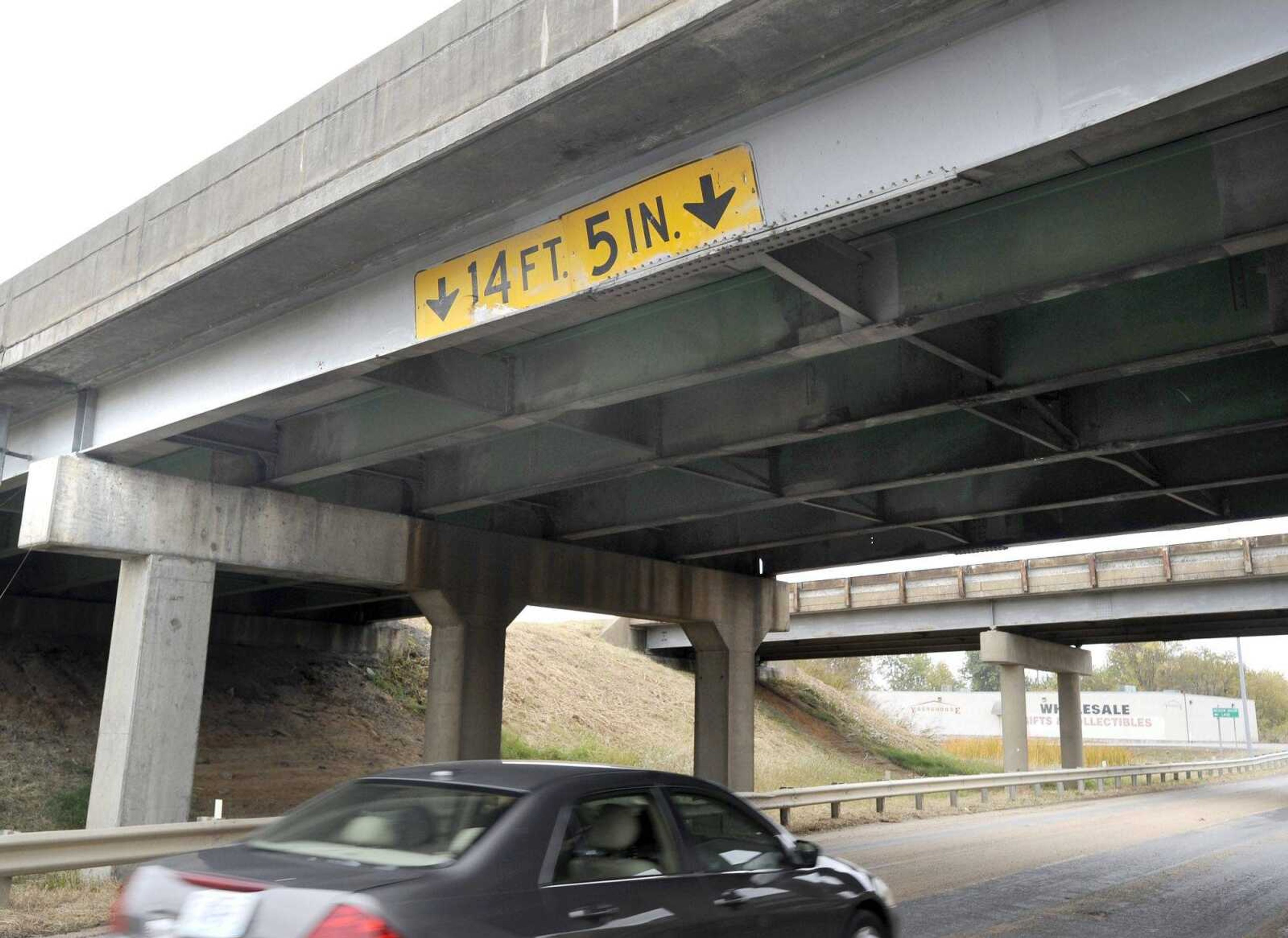 The underside of the southbound traffic bridge of Interstate 55 over Highway 74 is seen Oct. 26 after a truck dented a support beam. (Fred Lynch)