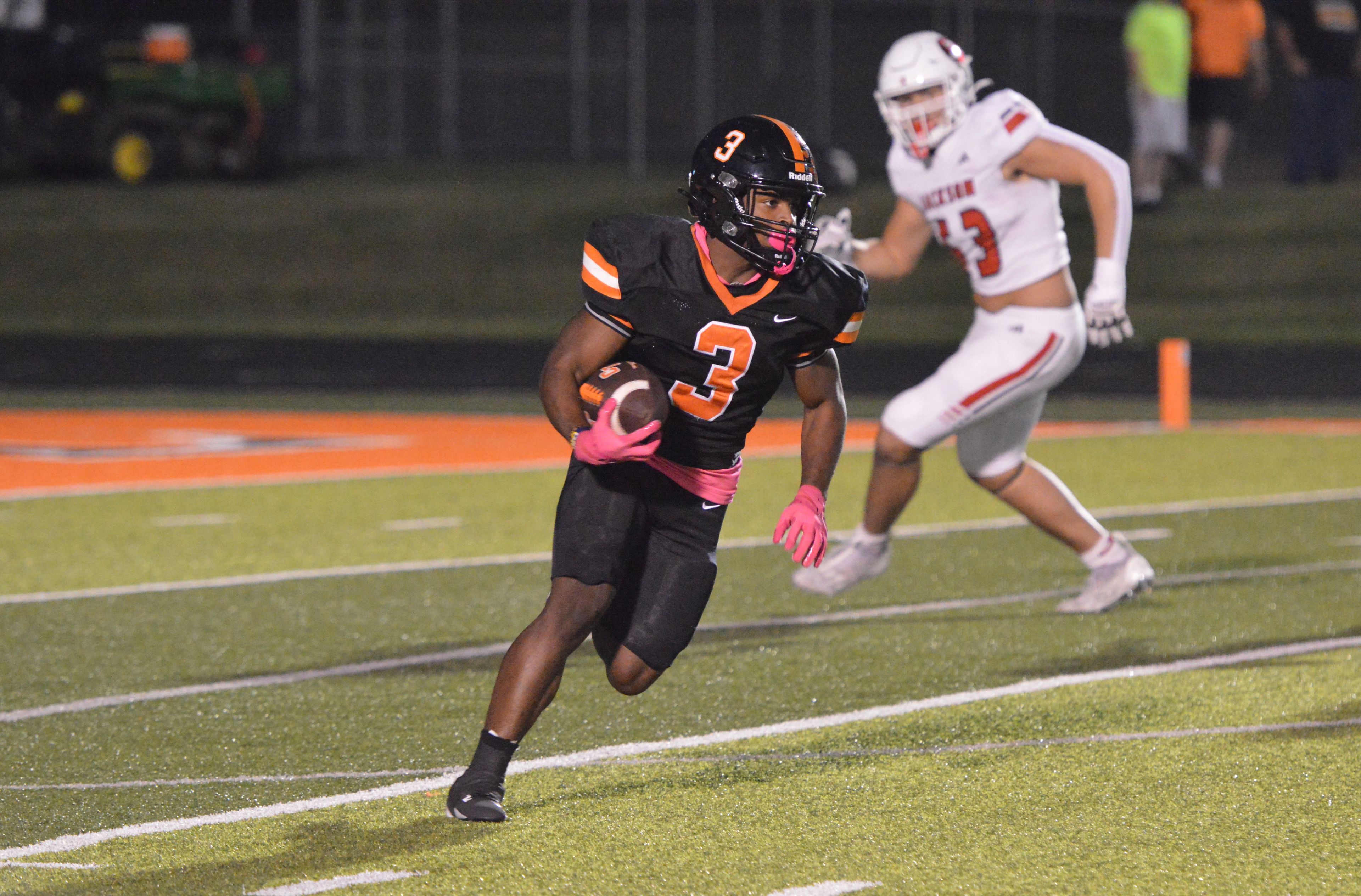 Cape Central's Zai'Aire Thomas scores on the second play of the game against Jackson on Friday, Oct. 4.