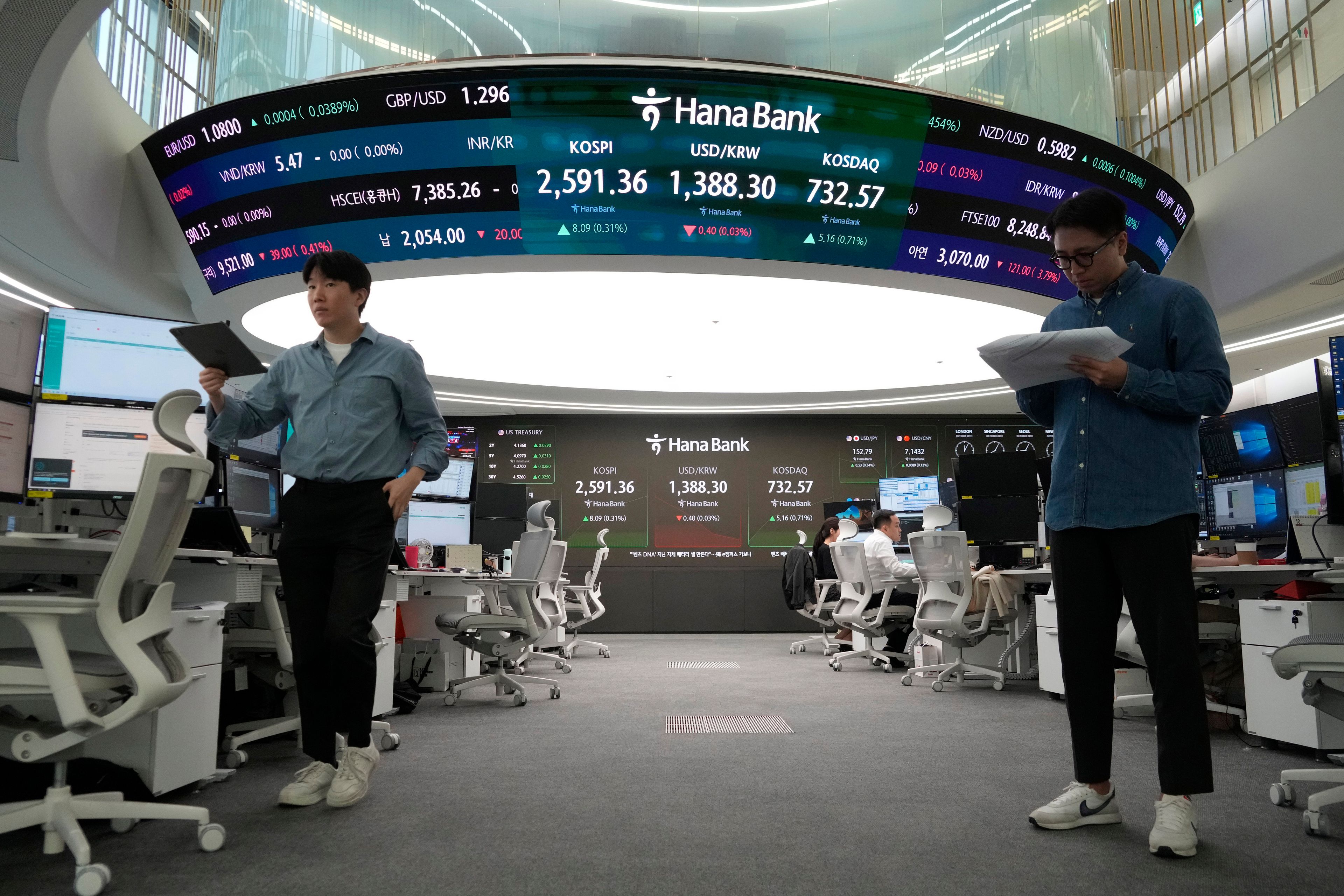 Currency traders work at the foreign exchange dealing room of the KEB Hana Bank headquarters in Seoul, South Korea, Monday, Oct. 28, 2024. (AP Photo/Ahn Young-joon)