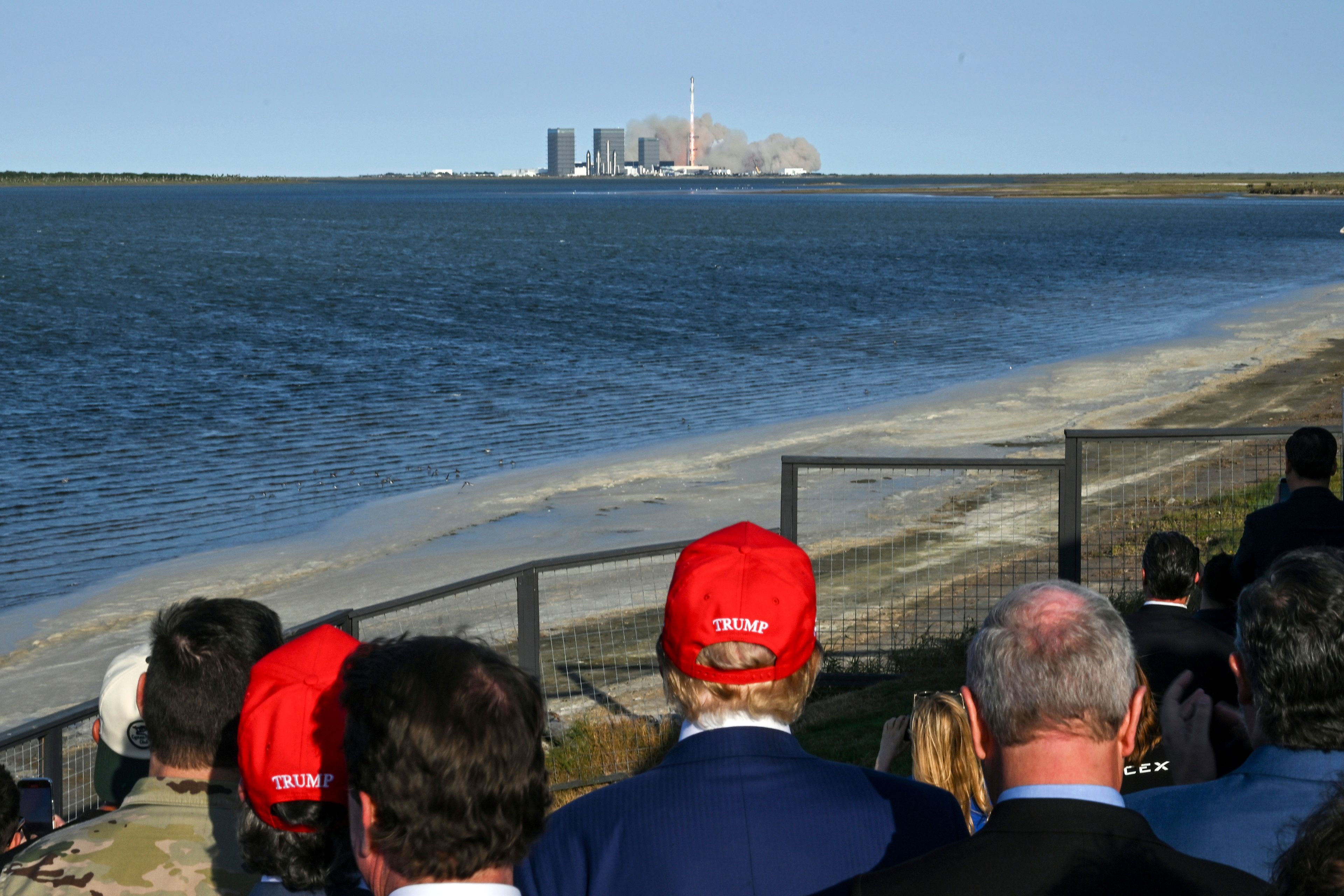 President-elect Donald Trump watches the launch of the sixth test flight of the SpaceX Starship rocket Tuesday, Nov. 19, 2024, in Brownsville, Texas. (Brandon Bell/Pool via AP)