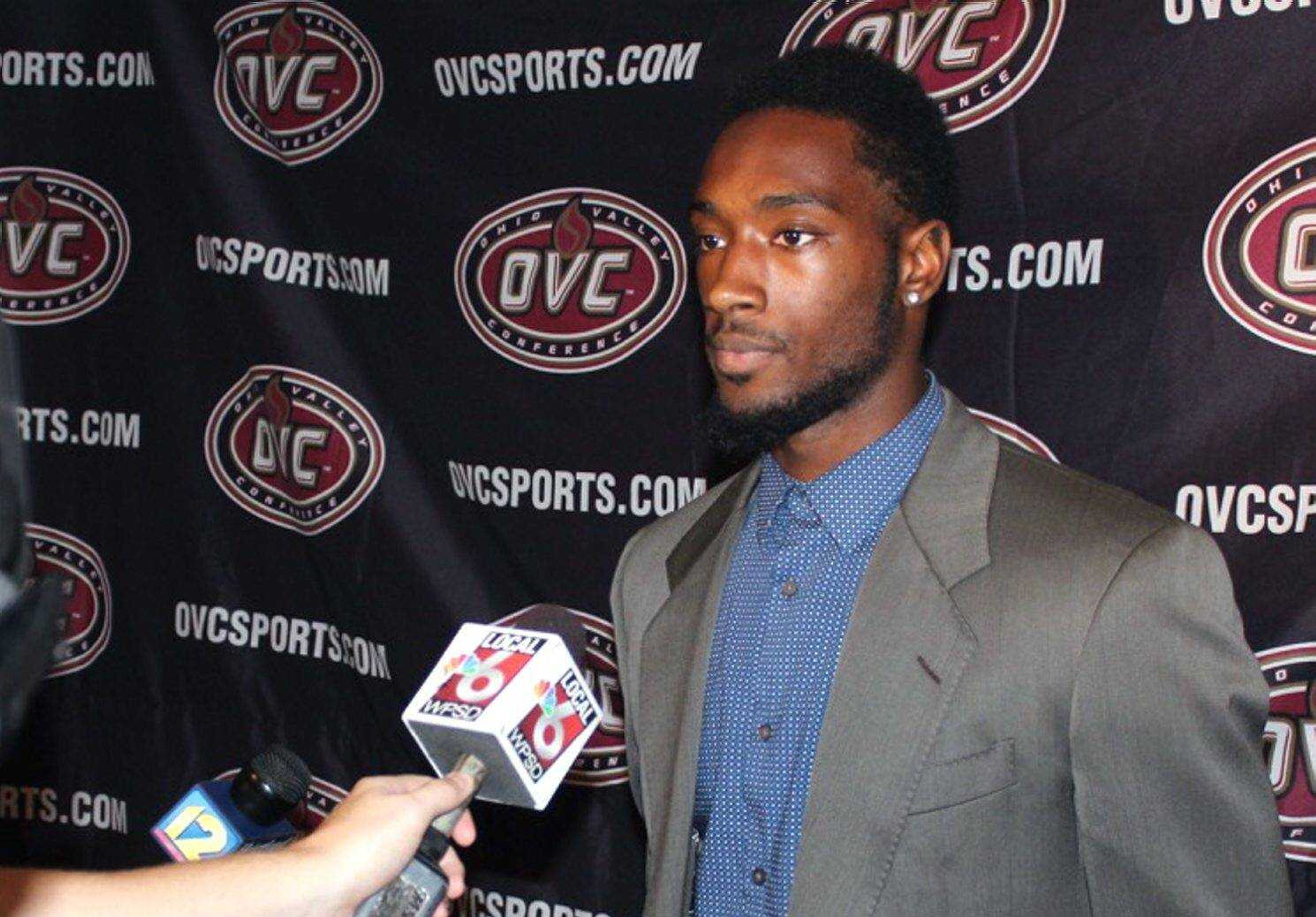 Southeast Missouri State wide receiver Paul McRoberts waits to answer a question at OVC media day in Nashville, Tennessee, on Monday. (Southeast sports information)