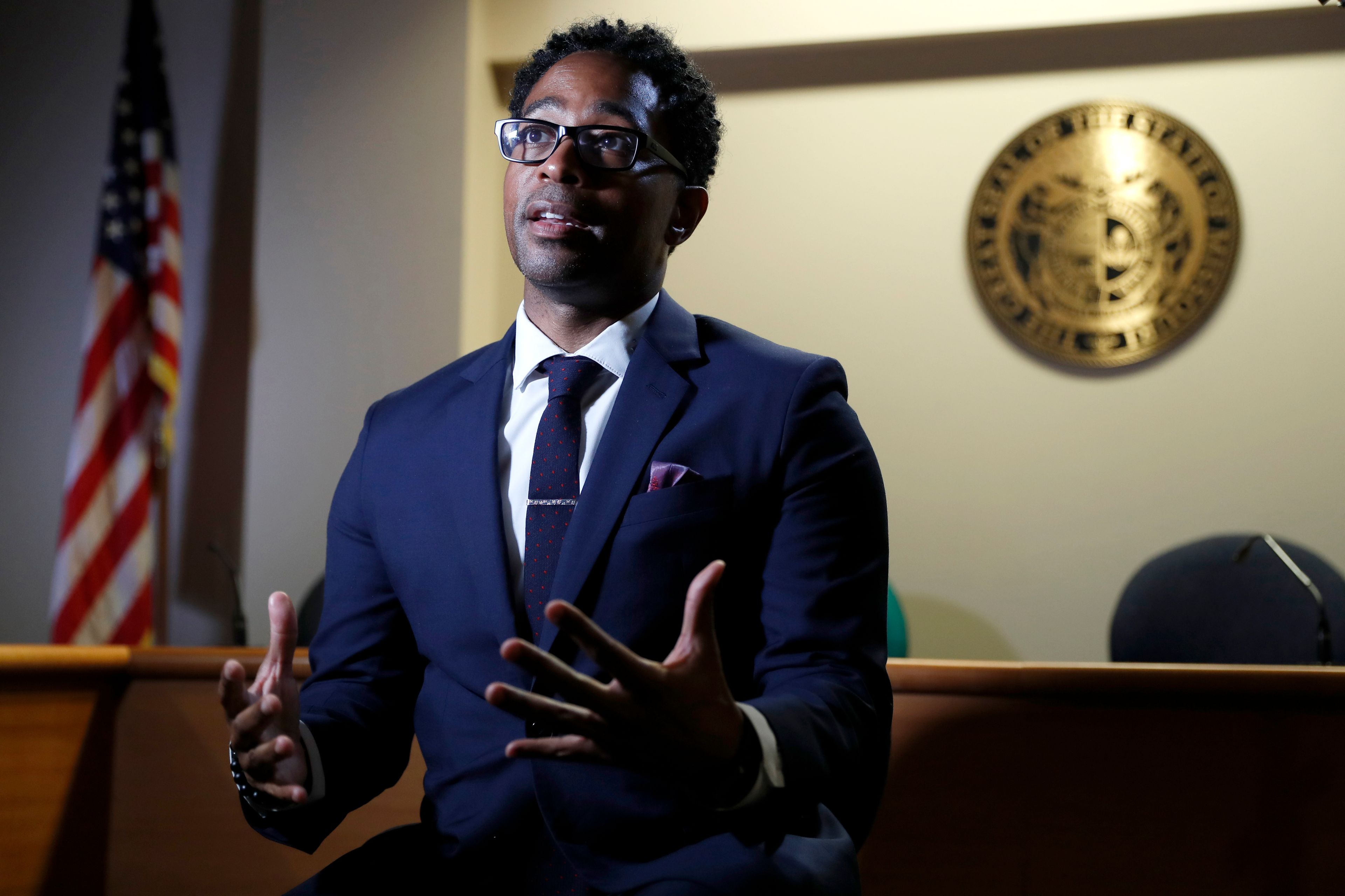 FILE - In this July 29, 2019 file photo, St. Louis County Prosecutor Wesley Bell speaks during an interview in Clayton, Mo. Bell announced on Oct. 30, 2023. (AP Photo/Jeff Roberson, file)