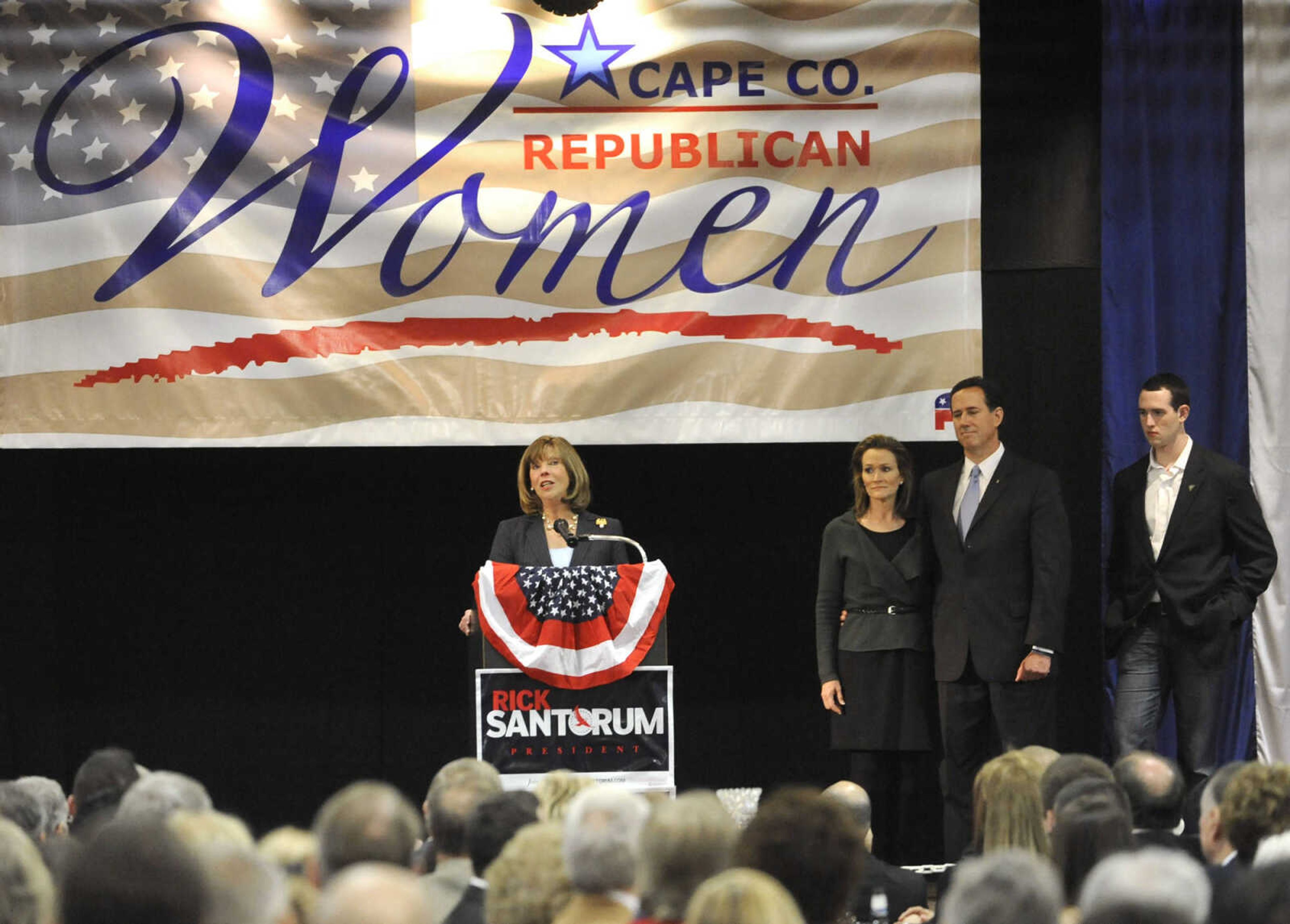 FRED LYNCH ~ flynch@semissourian.com
U.S. Rep. Jo Ann Emerson introduces Republican presidential candidate Rick Santorum at the annual Lincoln Day event Saturday, March 10, 2012 in Cape Girardeau. With Santorum are his wife, Karen, and his son, John.