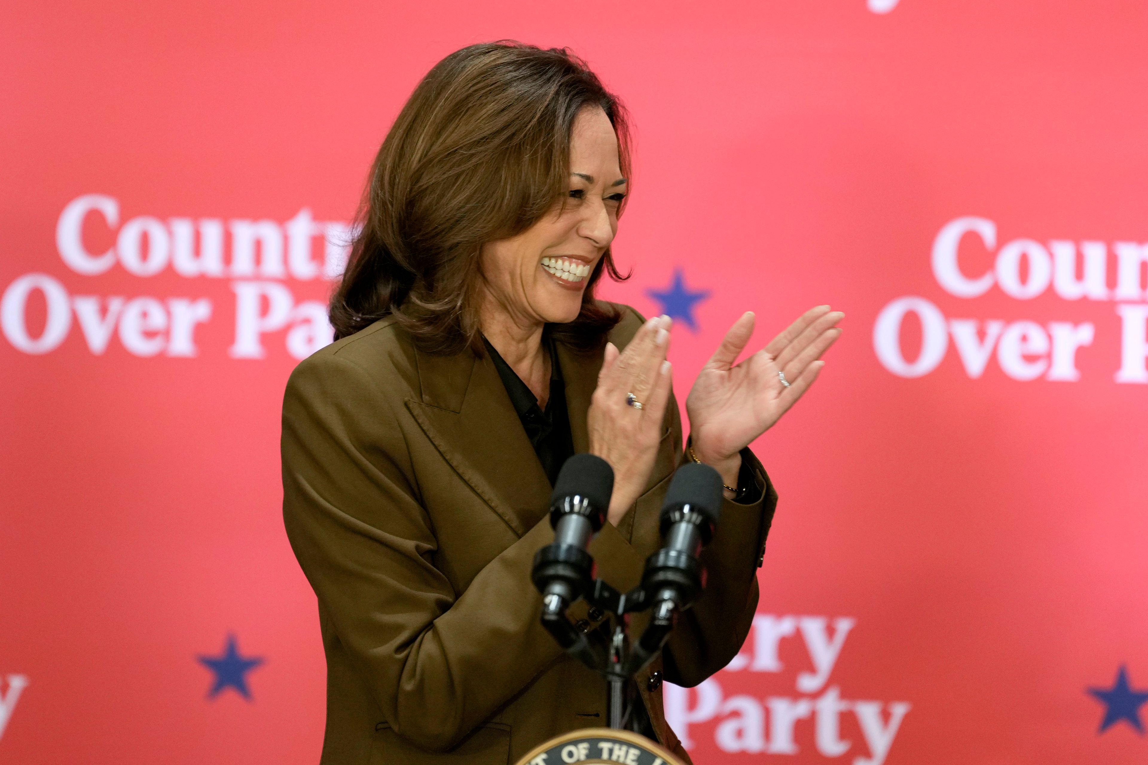 Democratic presidential nominee Vice President Kamala Harris speaks at a campaign event Friday, Oct. 11, 2024, at the Grayhawk Golf Club in Scottsdale, Ariz. (AP Photo/Ross D. Franklin)