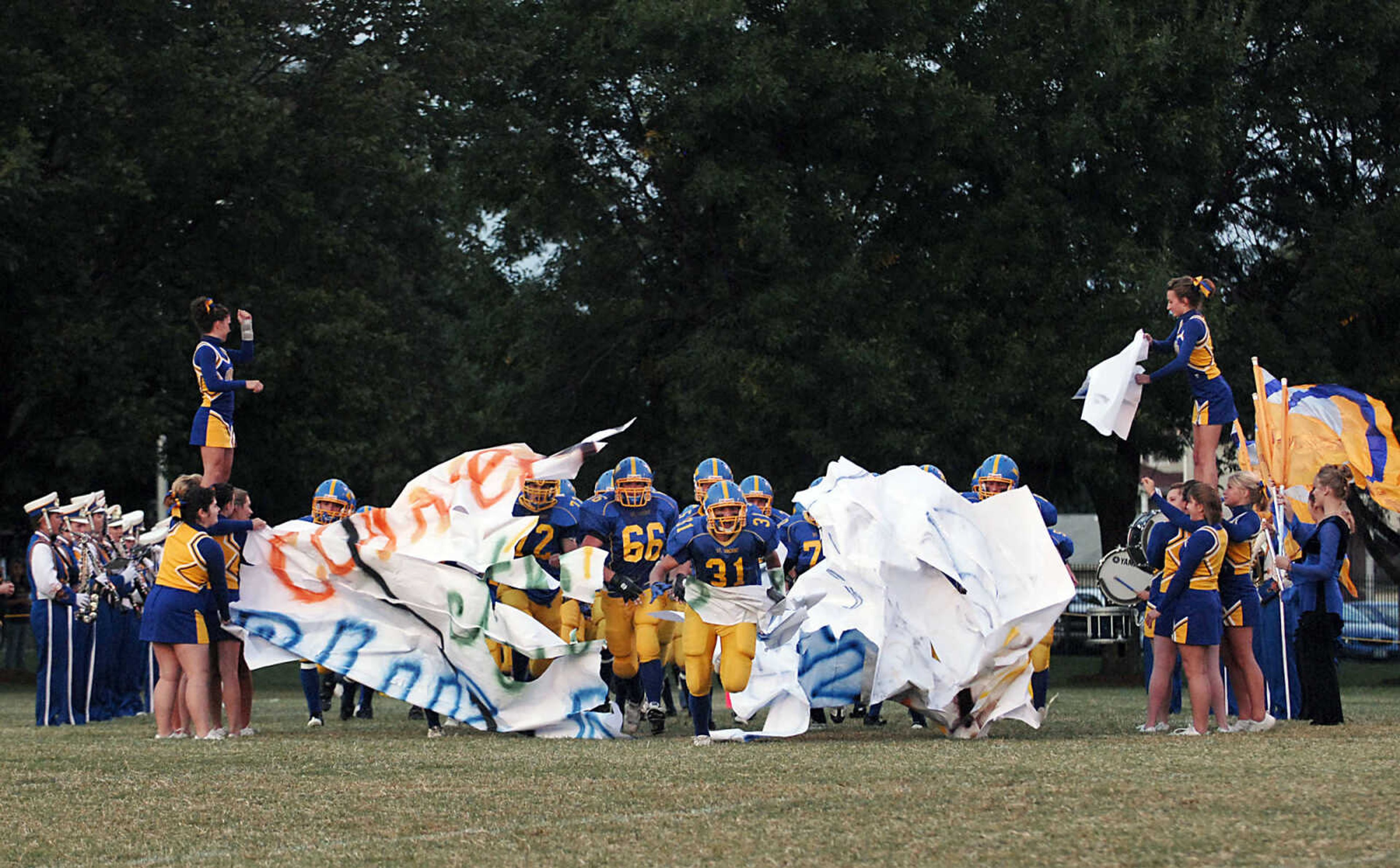 KIT DOYLE ~ kdoyle@semissourian.com
The St. Vincent Indians take the field before playing Maplewood Friday evening, September 18, 2009, in Perryville.