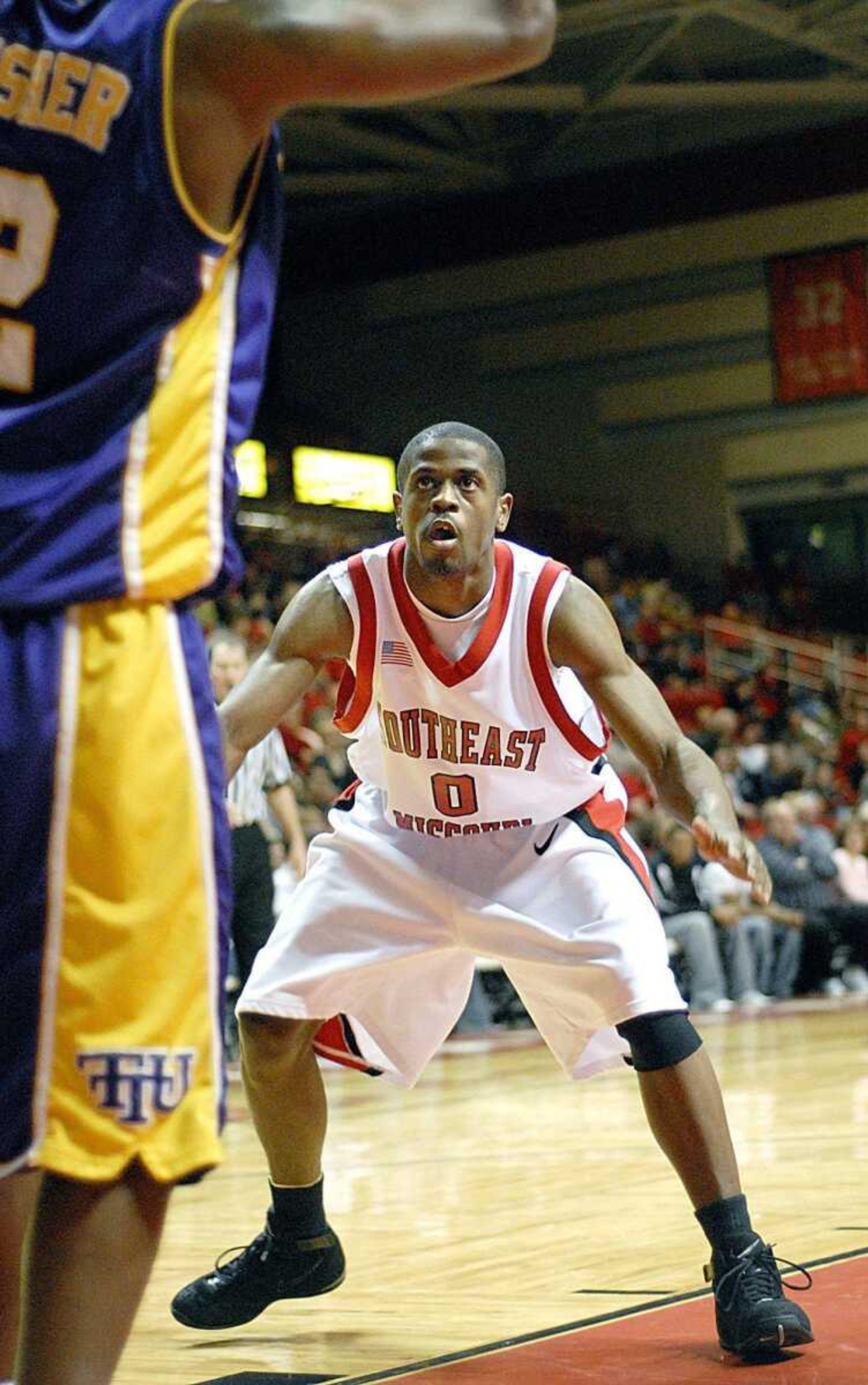 AARON EISENHAUER aeisenhauer@semissourian.com (Southeast Missouri State's Kenard Moore defended an inbound pass during an 84-74 victory over Tennessee Tech last month at the Show Me Center.)