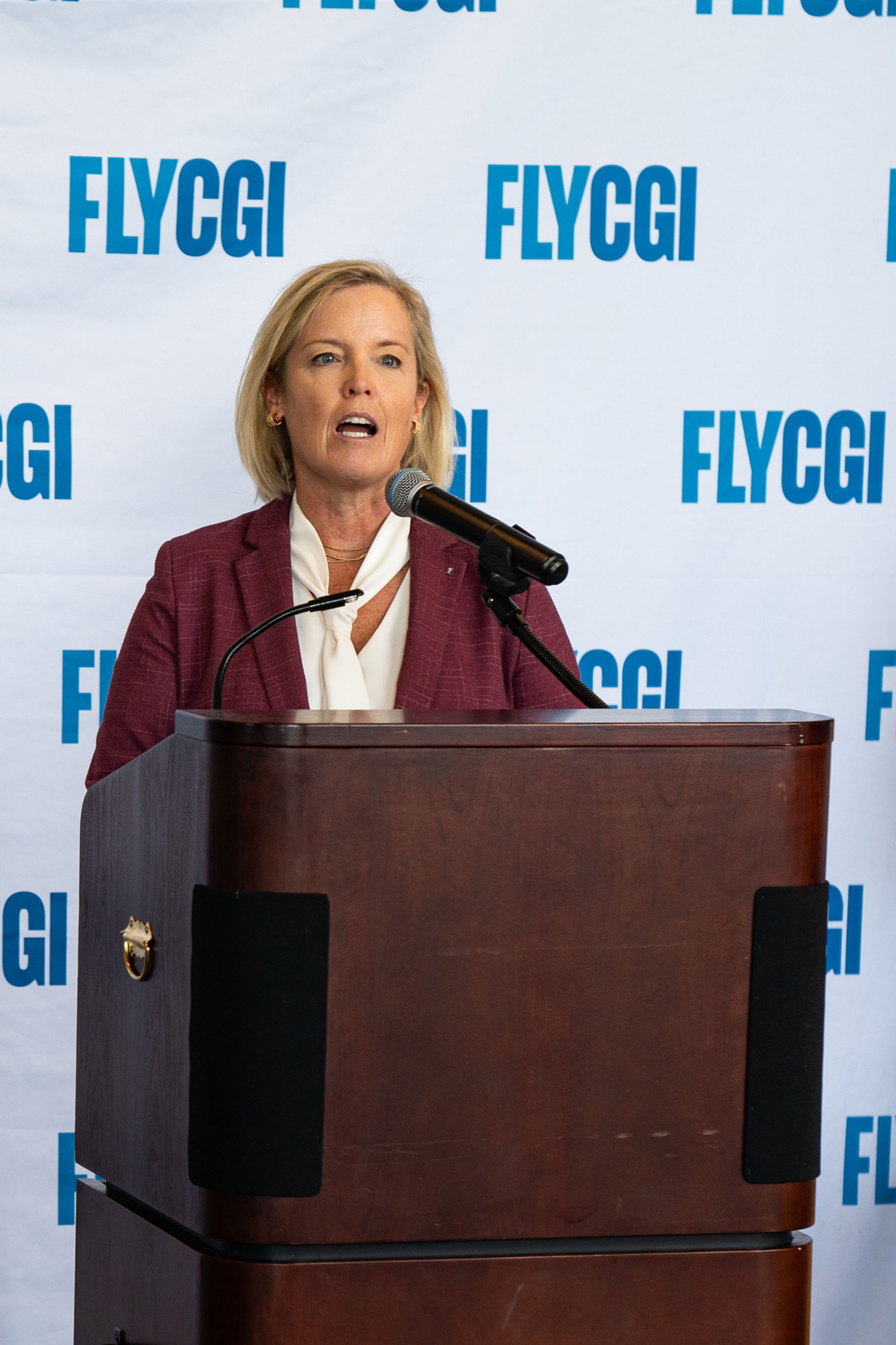 Mayor Stacy Kinder speaks to the attendees as she starts off as the first speaker at the press conference on Tuesday, Oct. 1 in the new Cape Girardeau Regional Airport terminal.