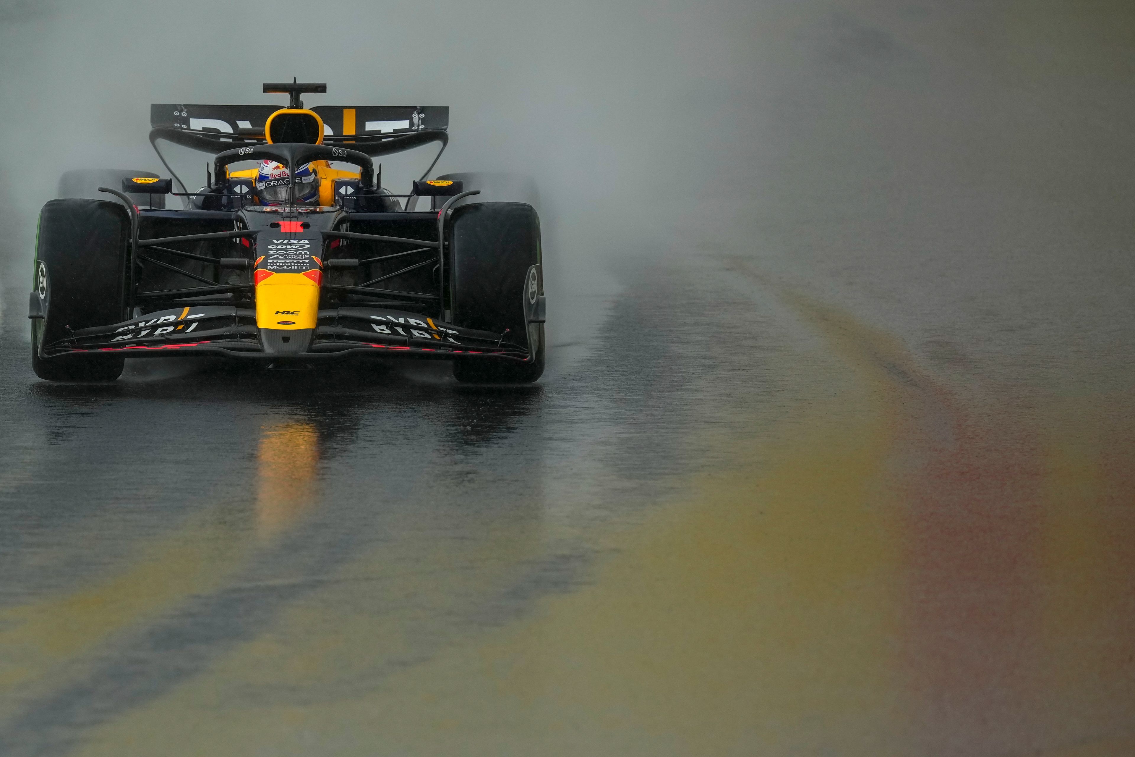 Max Verstappen, of Netherlands, steers his Red Bull during the Brazilian Formula One Grand Prix at the Interlagos race track in Sao Paulo, Sunday, Nov. 3, 2024. (AP Photo/Andre Penner)