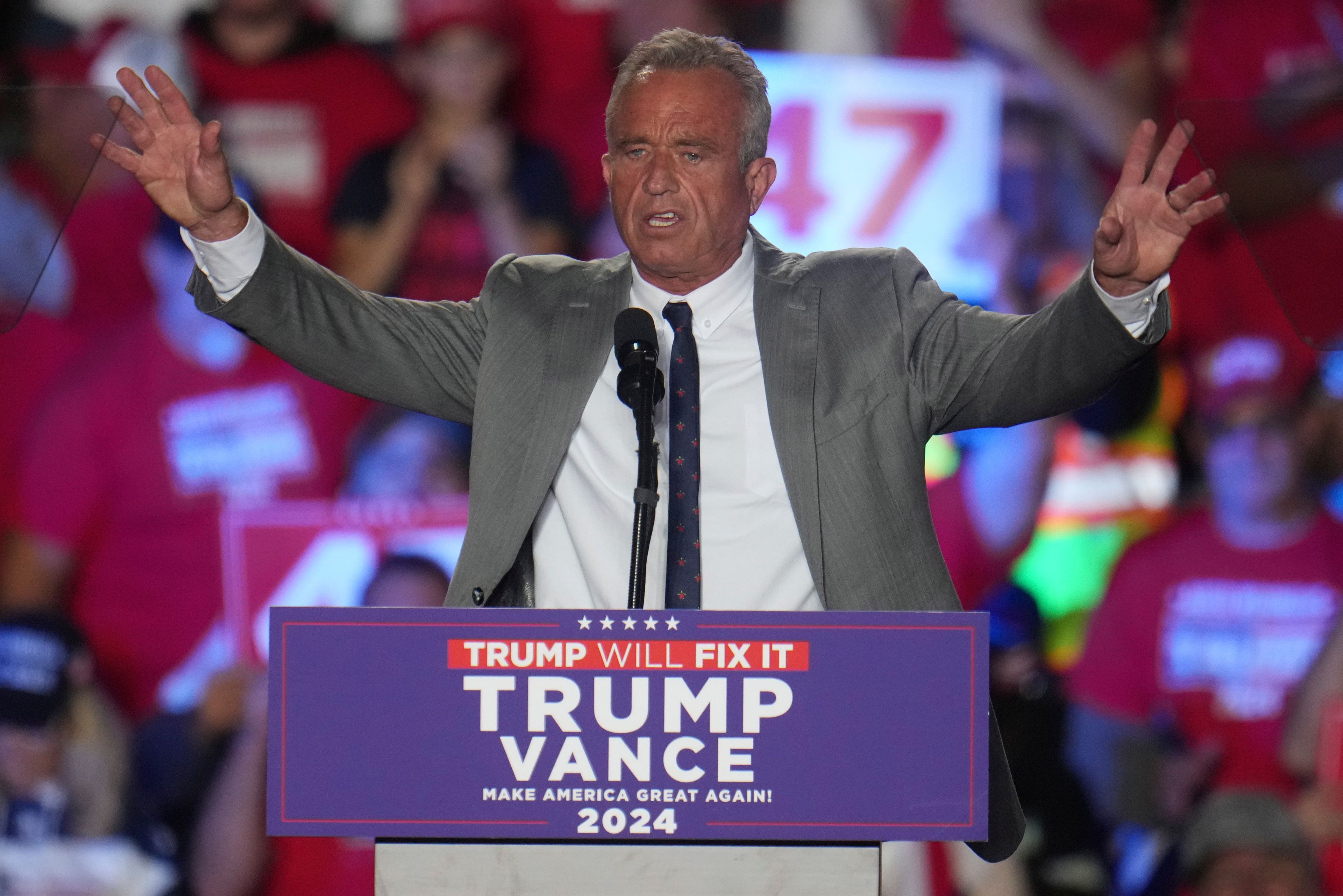 Robert F. Kennedy Jr., speaks before Republican presidential nominee former President Donald Trump at a campaign rally at Macomb Community College Friday, Nov. 1, 2024, in Warren, Mich. (AP Photo/Paul Sancya)