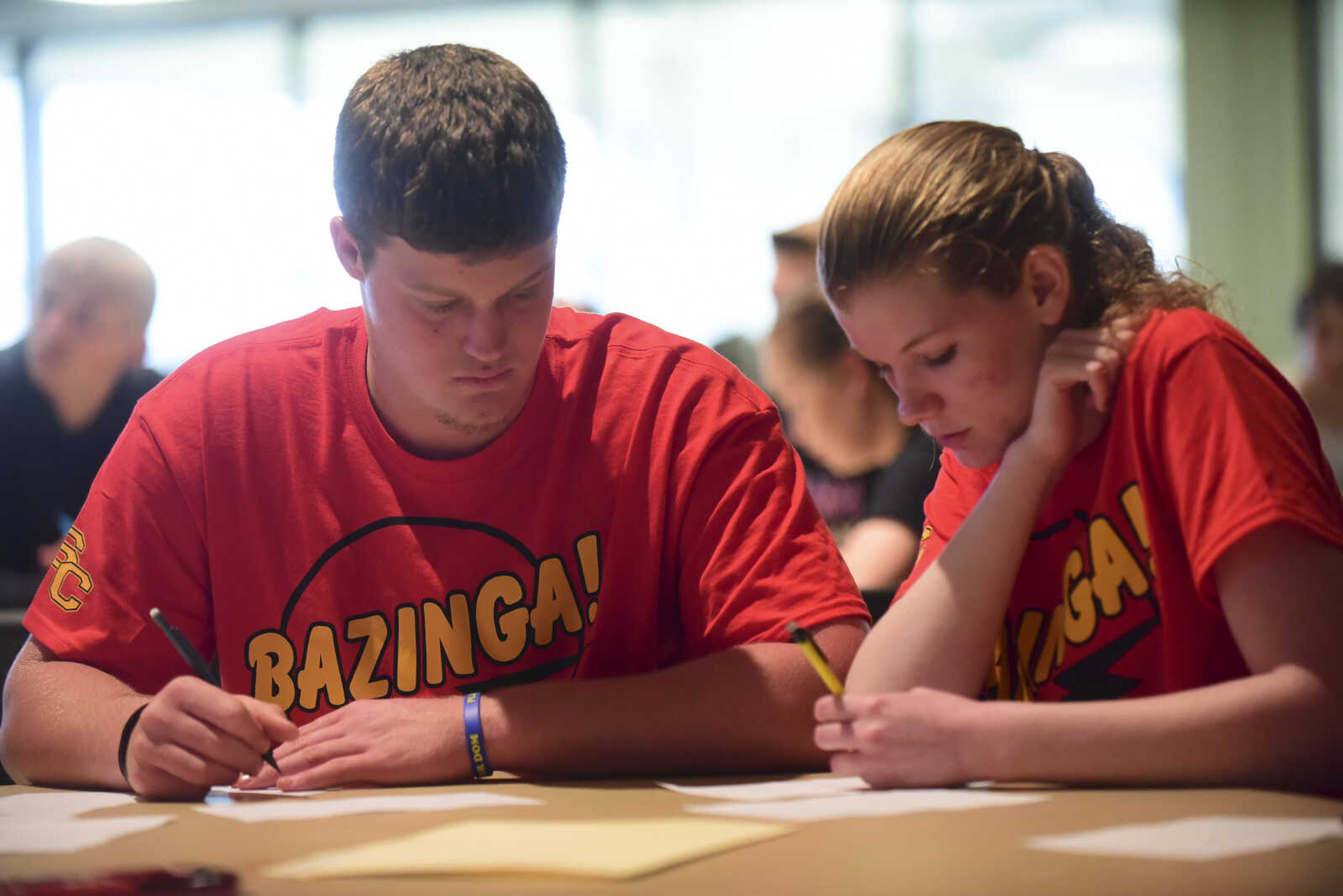 Ty Wilthong, left, and Logan Oleson, right, from Scott City compete in the problem-solving event during the 40th annual Math Field Day Tuesday, April 18, 2017 at the University Center on the campus of Southeast Missouri State University in Cape Girardeau.