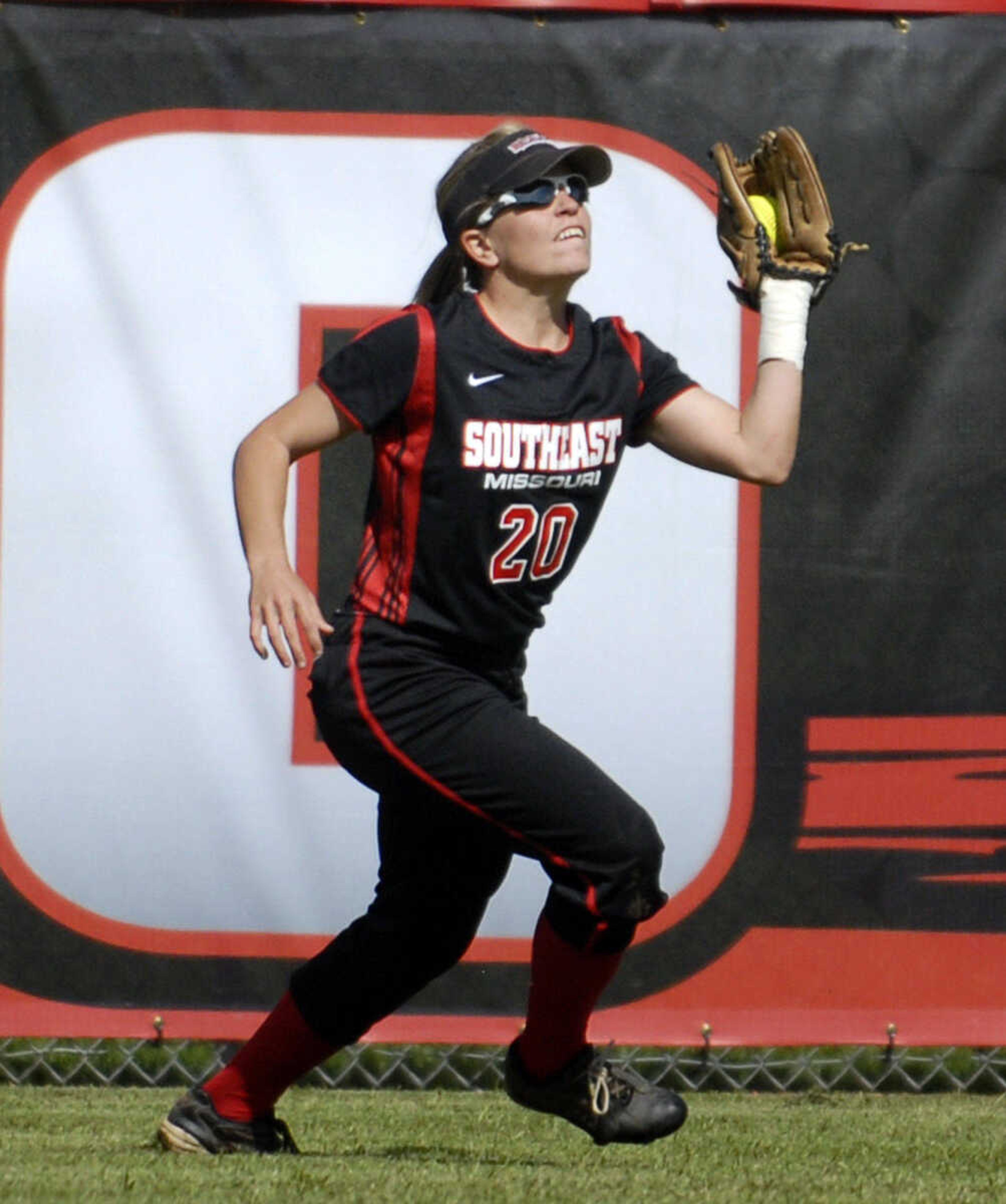 LAURA SIMON~lsimon@semissourian.com
Southeast outfielder Melissa Walker catches a fly ball in the fourth inning during the first game of a double-header against Saint Louis University Wednesday, May 4, 2011 at the Southeast Softball Complex.