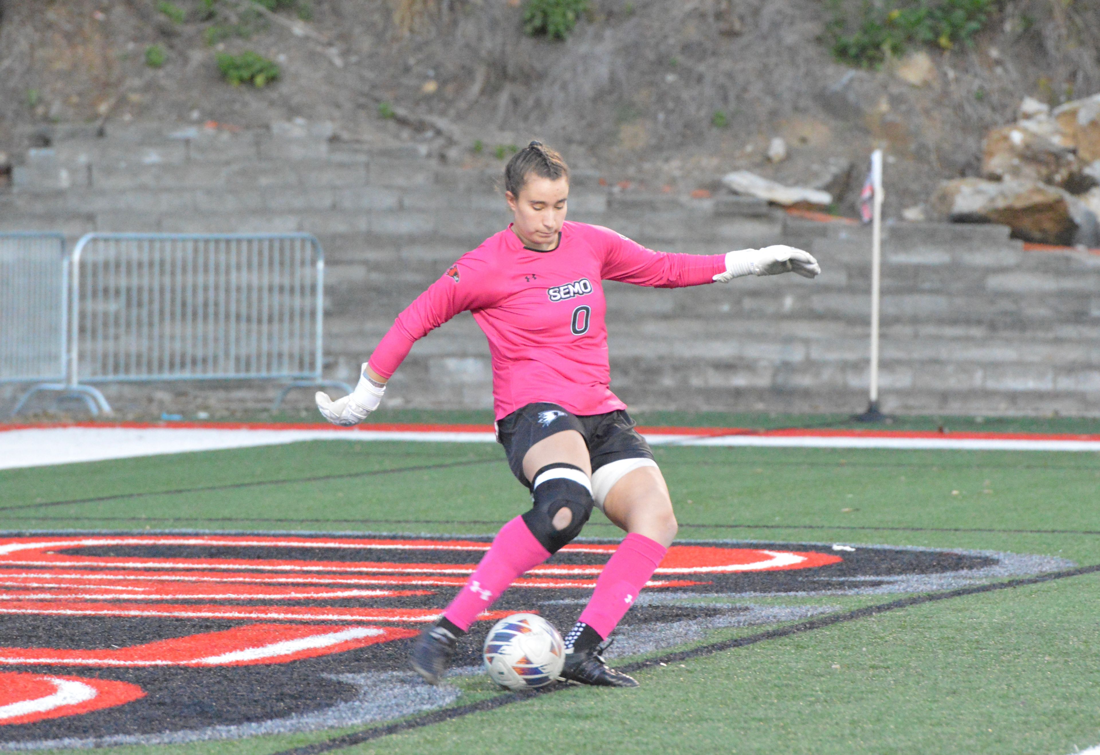 SEMO junior goalkeeper Sophia Elfrink boots the ball downfield to her teammates against SIUE on Thursday, Oct. 17.