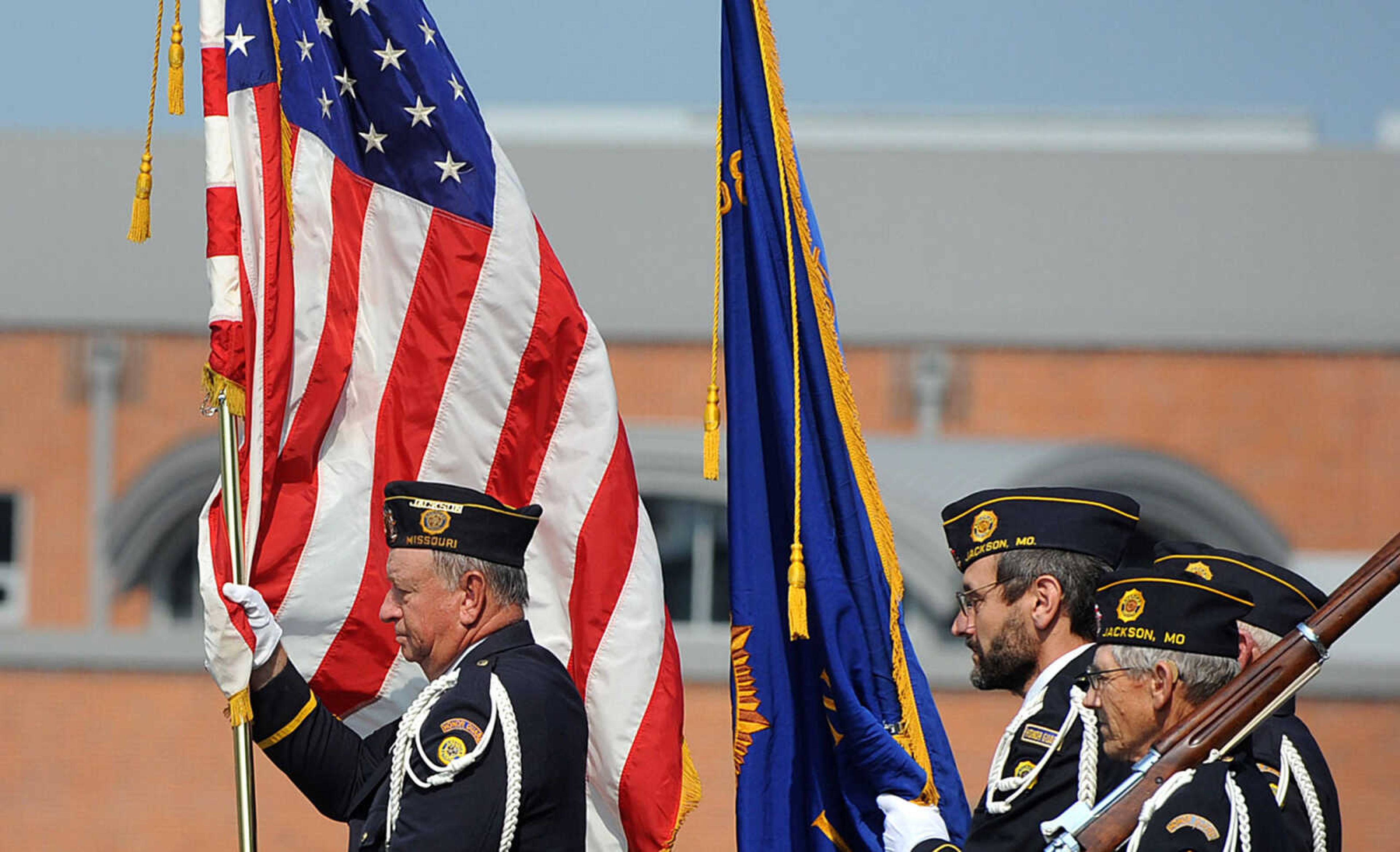 LAURA SIMON ~ lsimon@semissourian.com
The American Legion Honor Guard present the colors Monday morning, May 28, 2012 at the Memorial Day service at Jackson City Cemetery.