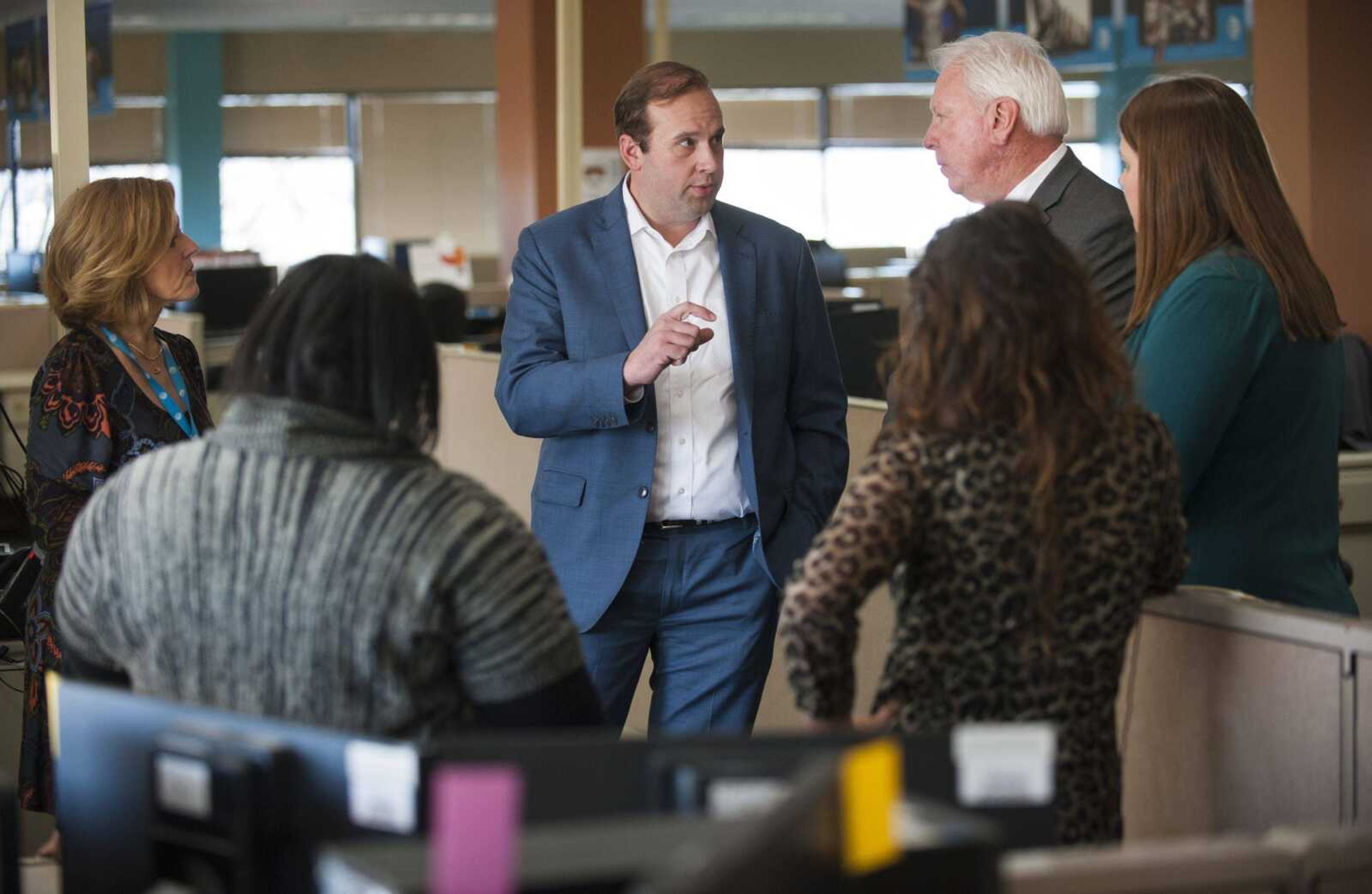 U.S. Rep. Jason Smith visits with employees Feb. 12, 2018, to an AT&T call center at 351 S. Silver Springs Road in Cape Girardeau.