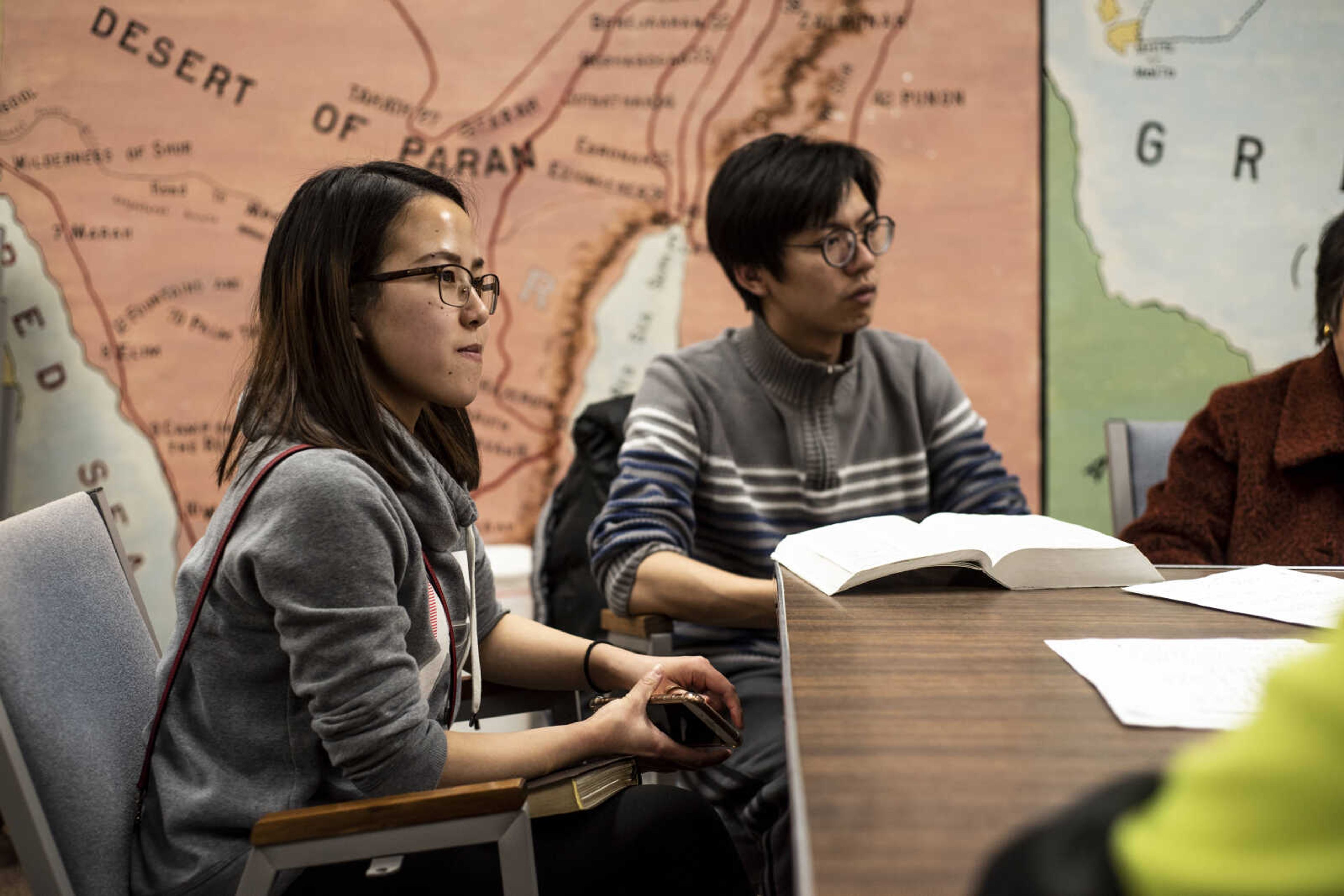 Chaonan (Estelle) Teng listens to Dr. Winstead (not pictured) give a Bible lesson Friday, March 8, 2019, at the Southeast Missouri State University Baptist Student Center in Cape Girardeau.