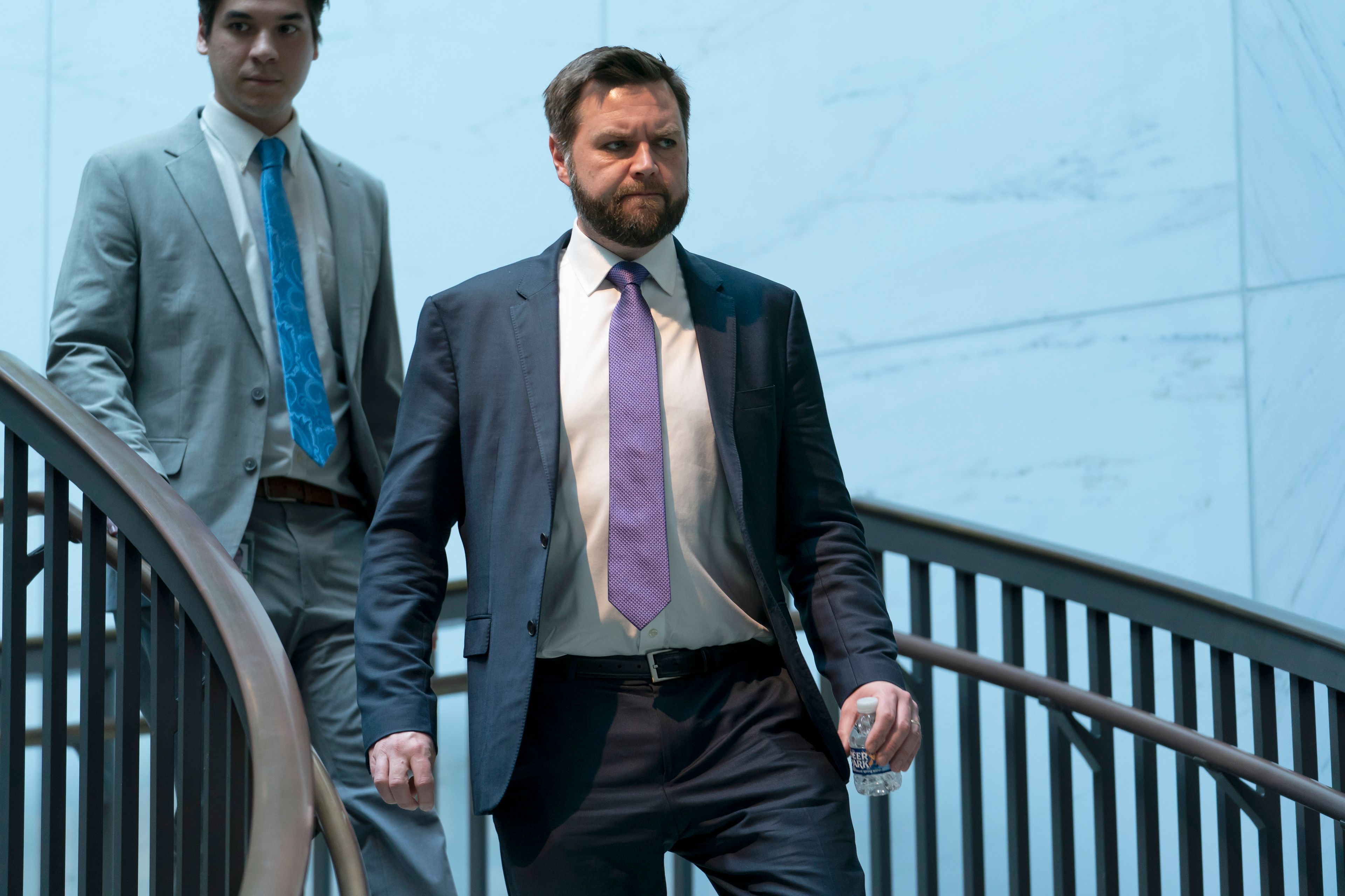 FILE - Sen. JD Vance, R-Ohio, arrives for a classified briefing on China, at the Capitol in Washington, Feb. 15, 2023. (AP Photo/J. Scott Applewhite, File)