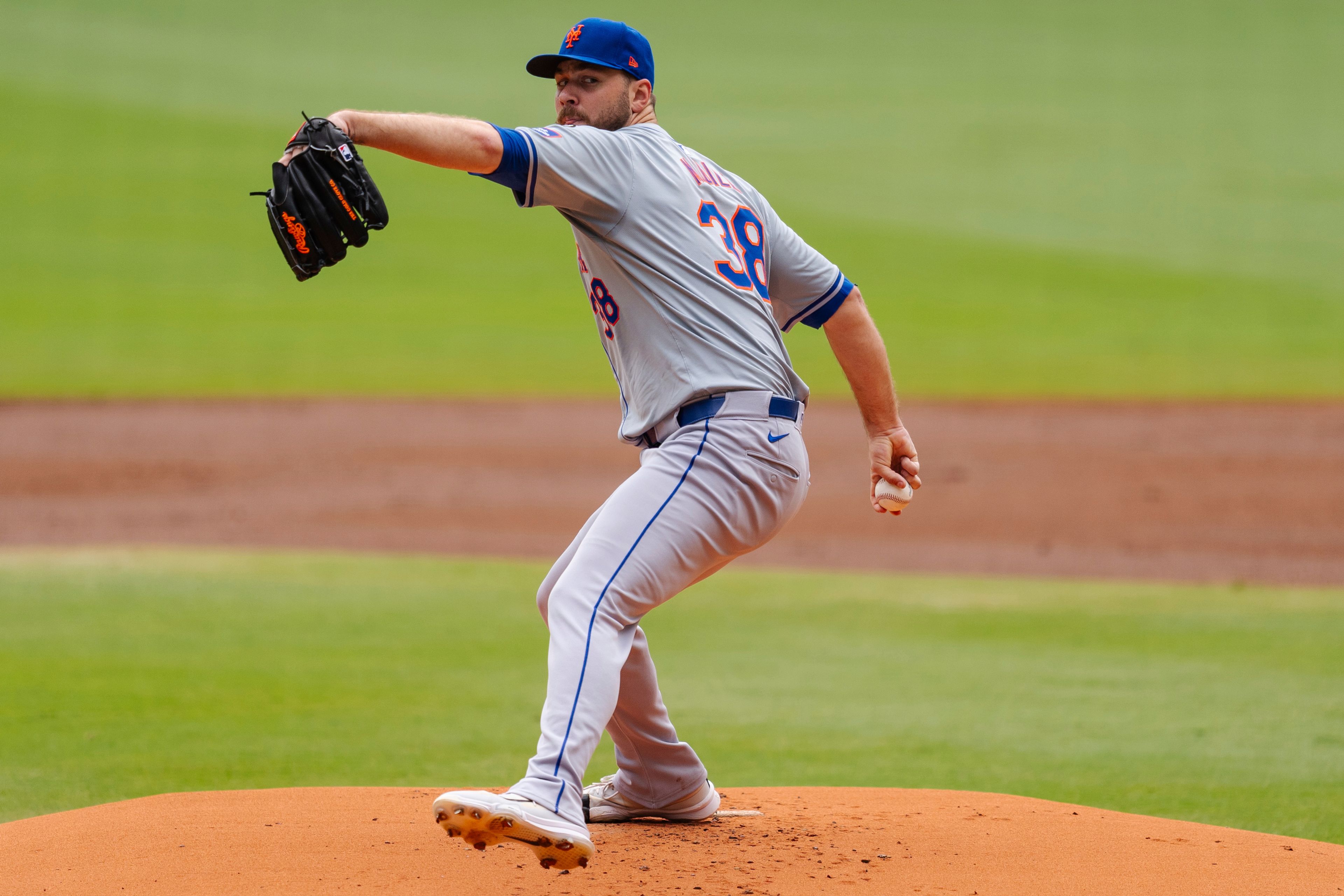 New York Mets pitcher Tylor Megill throws in the first inning of a baseball game against the Atlanta Braves, Monday, Sept. 30, 2024, in Atlanta. (AP Photo/Jason Allen)