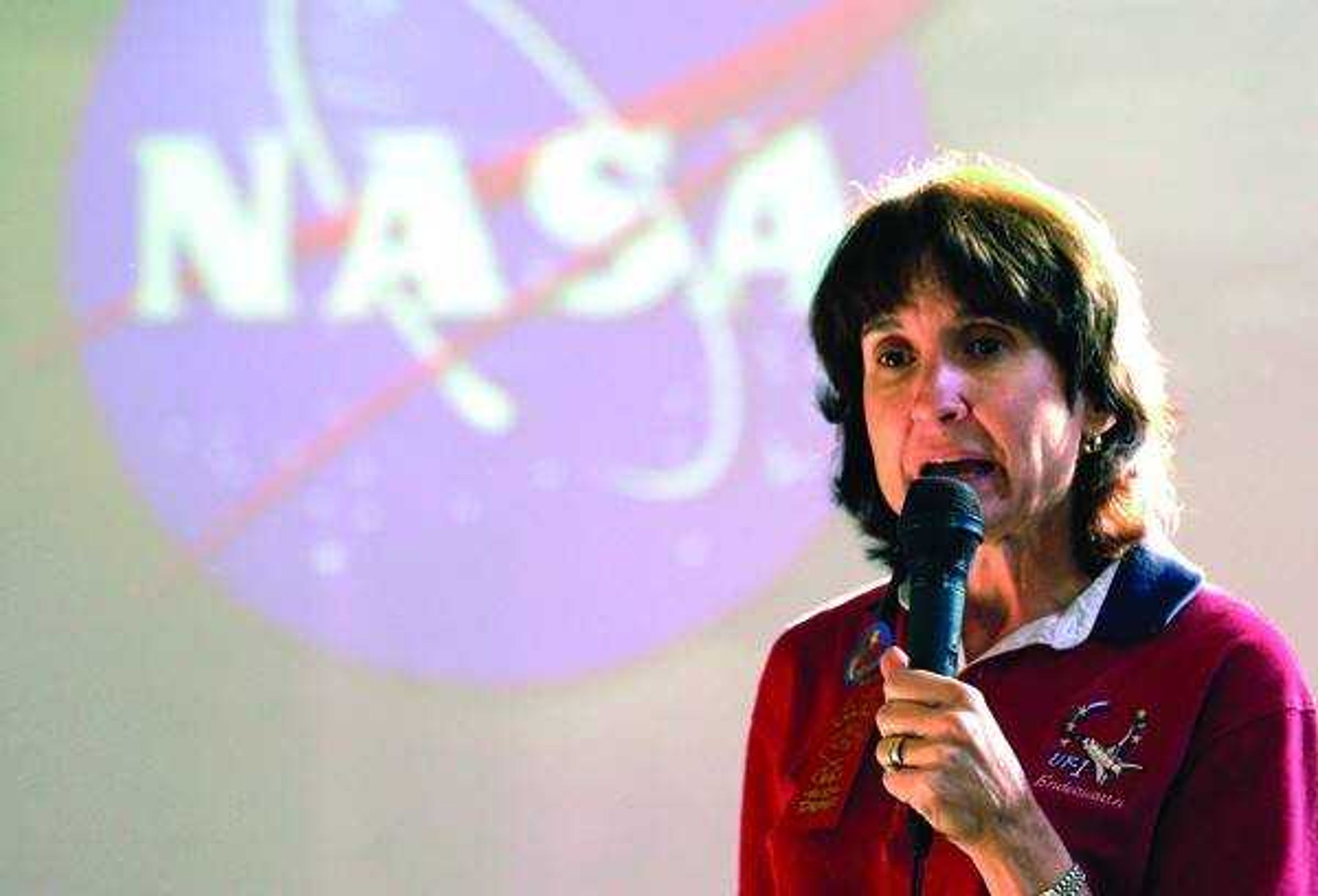 Astronaut Linda Godwin, a native of Jackson, spoke to about 360 students at Alma Schrader Elementary School in Cape Girardeau on Monday.