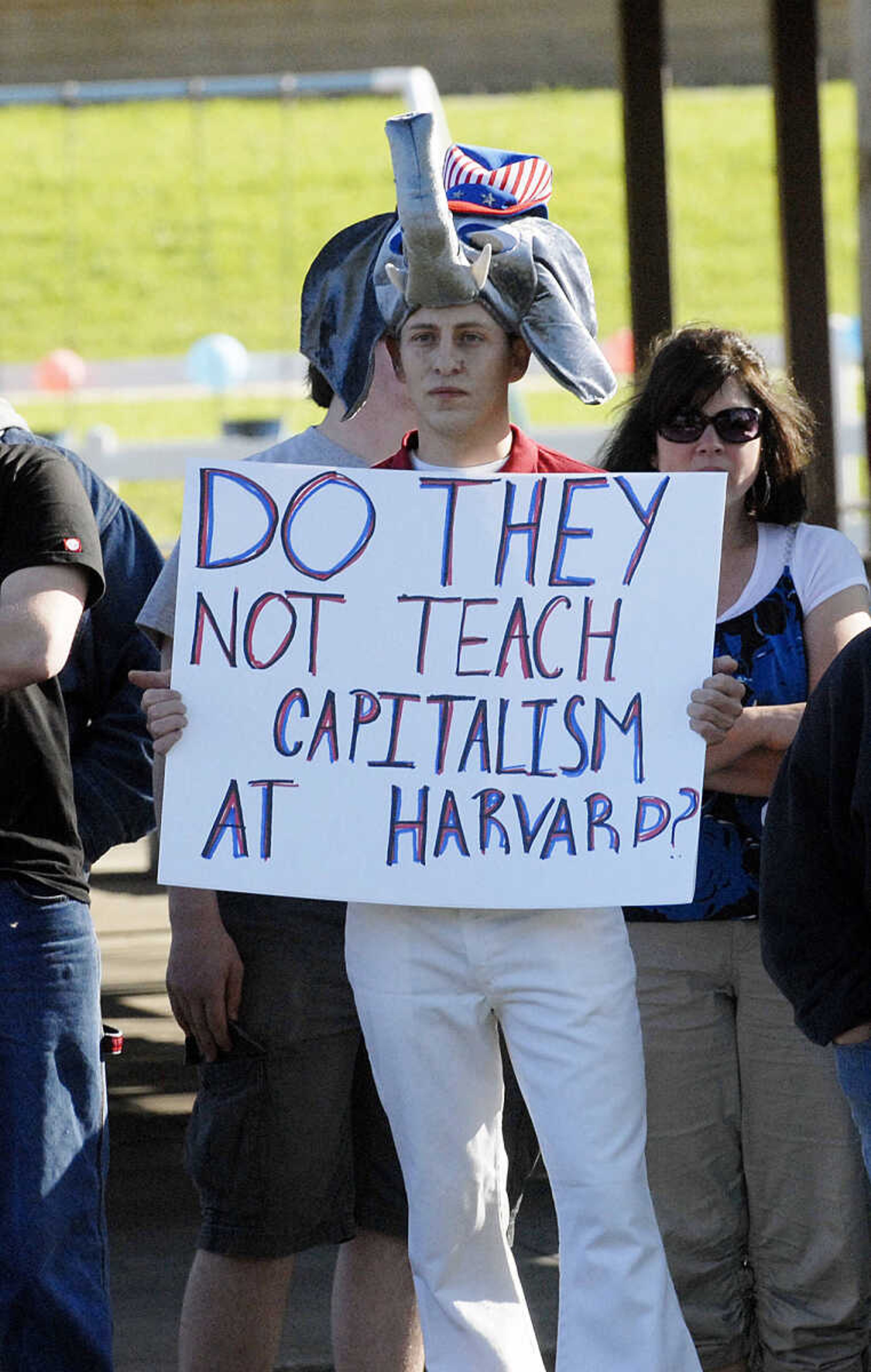 ELIZABETH DODD ~ edodd@semissourian.com
Jesse Venable of Cape Girardeau listens to speakers for two hours at the Cape Girardeau "tea party" tax protest April 15 at Capaha Park.