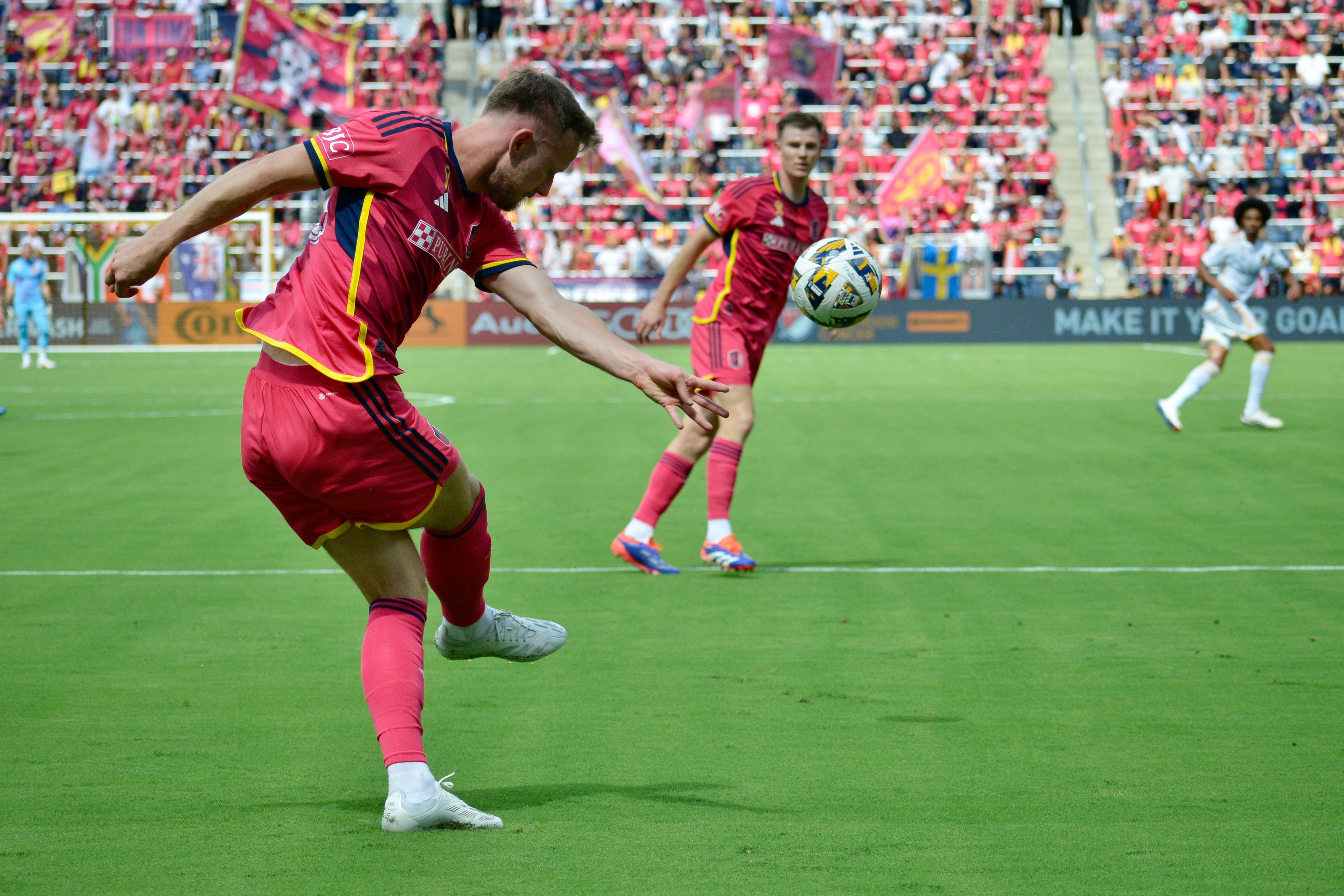 St. Louis City forward Cedric Teuchert kicks the ball towards a teammate against the LA Galaxy on Sunday, Sept. 1 in St. Louis. 