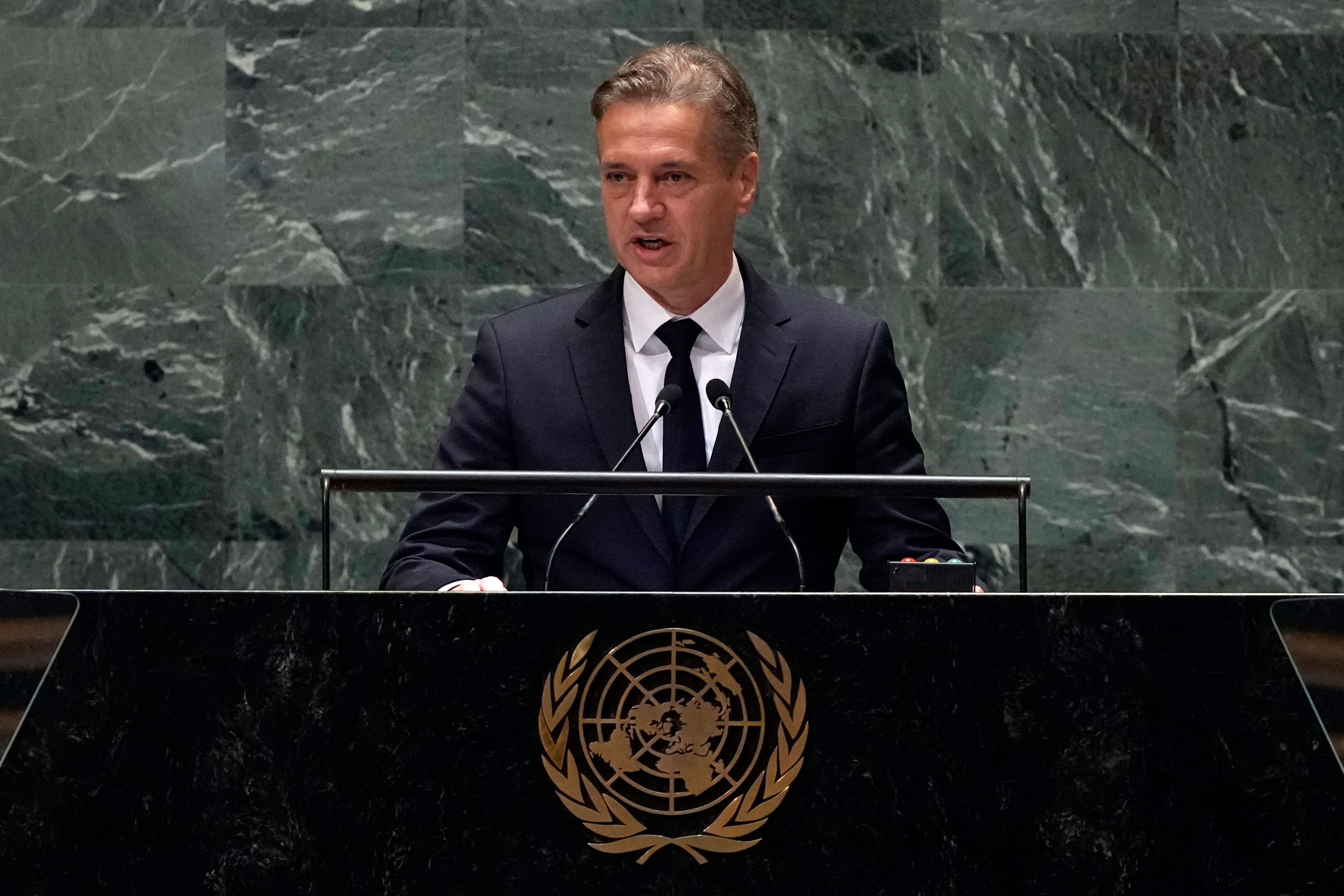 Slovenia Prime Minister Robert Golob addresses the 79th session of the United Nations General Assembly, Friday, Sept. 27, 2024. (AP Photo/Richard Drew)