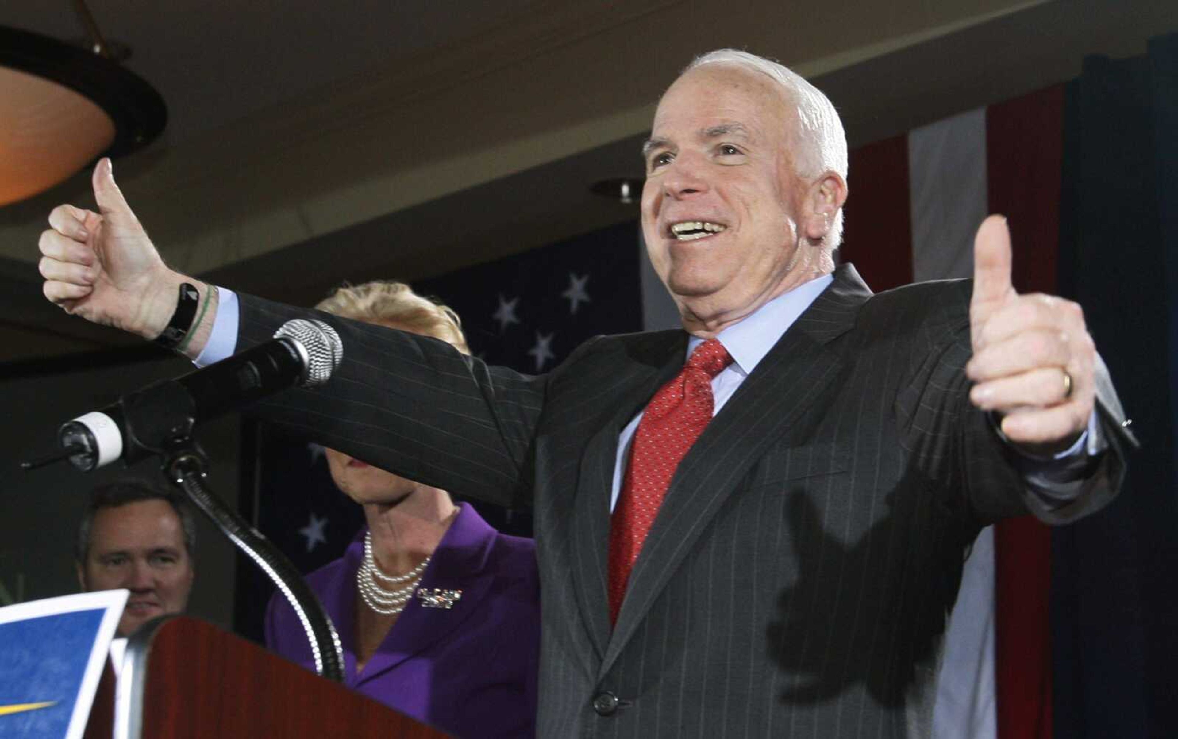 Republican presidential hopeful Sen. John McCain, R-Ariz., took the stage after his South Carolina presidential primary election win Saturday at The Citadel in Charleston, S.C. (Charles Dharapak ~ Associated Press)