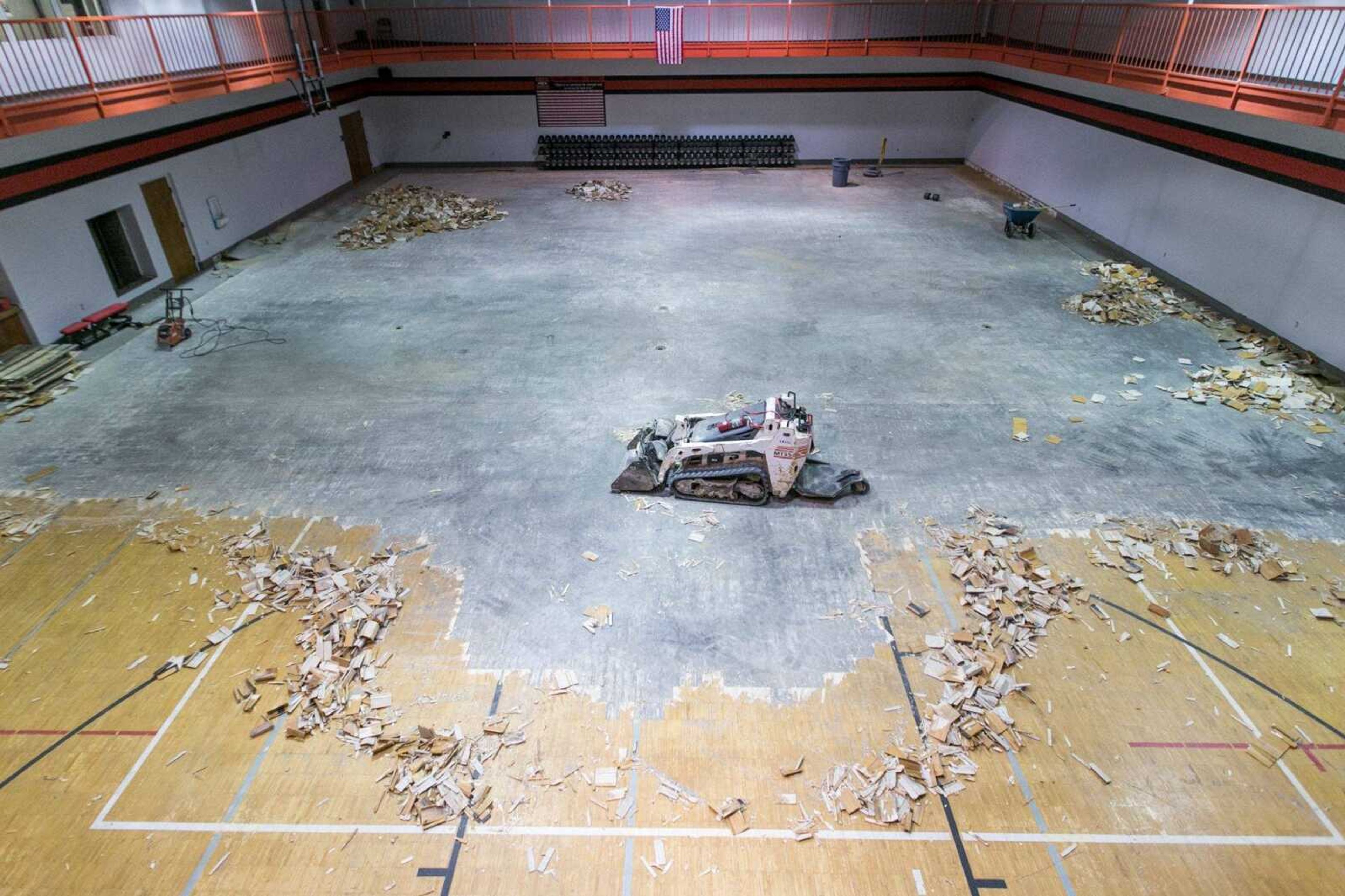 Progress of the renovations to the weight room at the South Recreation Center on the Southeast Missouri State campus on Friday. (Glenn Landberg)