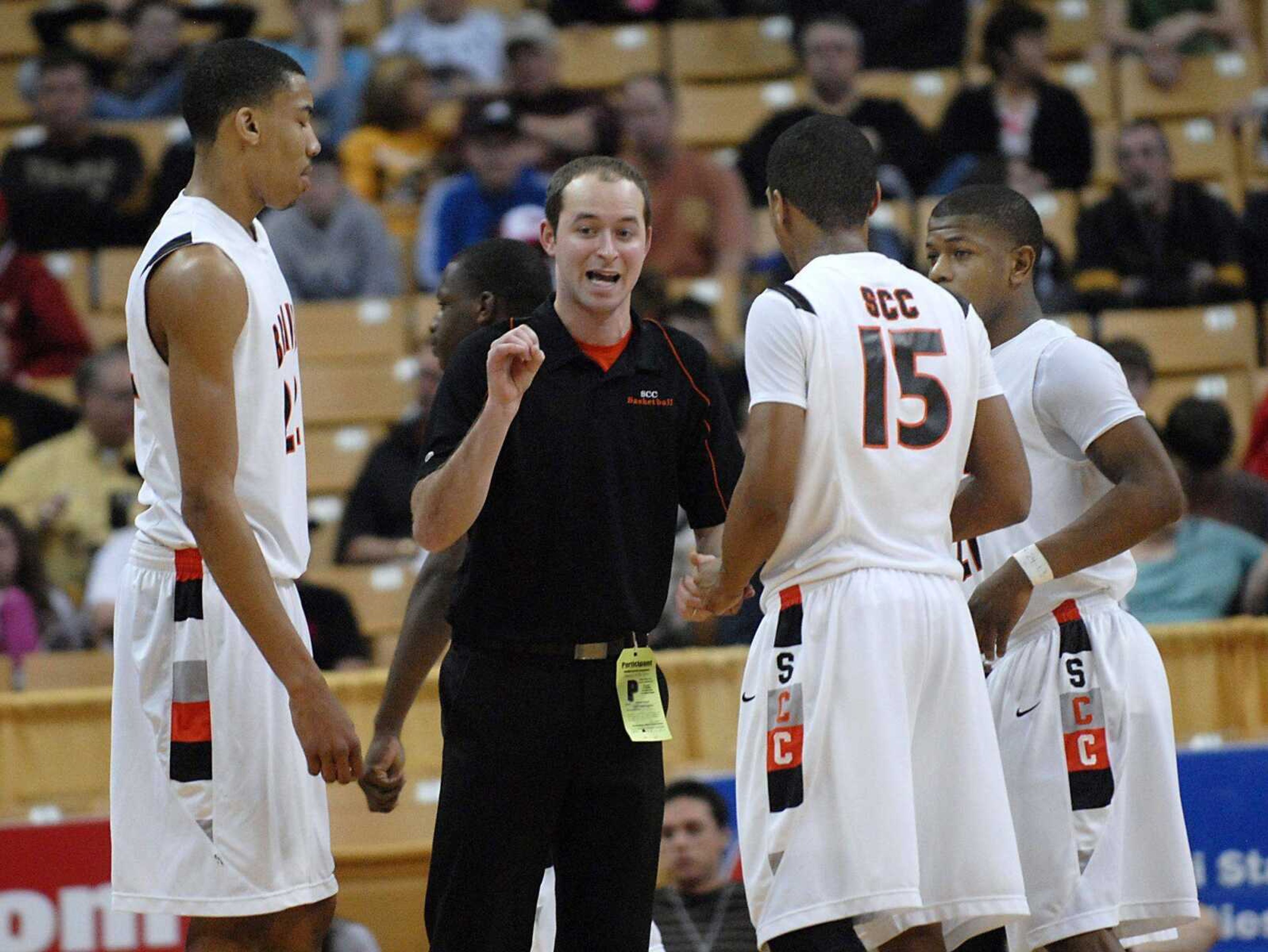 Scott County Central head coach Kenyon Wright talks to players during the first quarter of the Class 1 state championship game against Dadeville on Saturday, March 19, 2011, in Columbia, Mo. Scott County Central won 69-54. (Kristin Eberts)