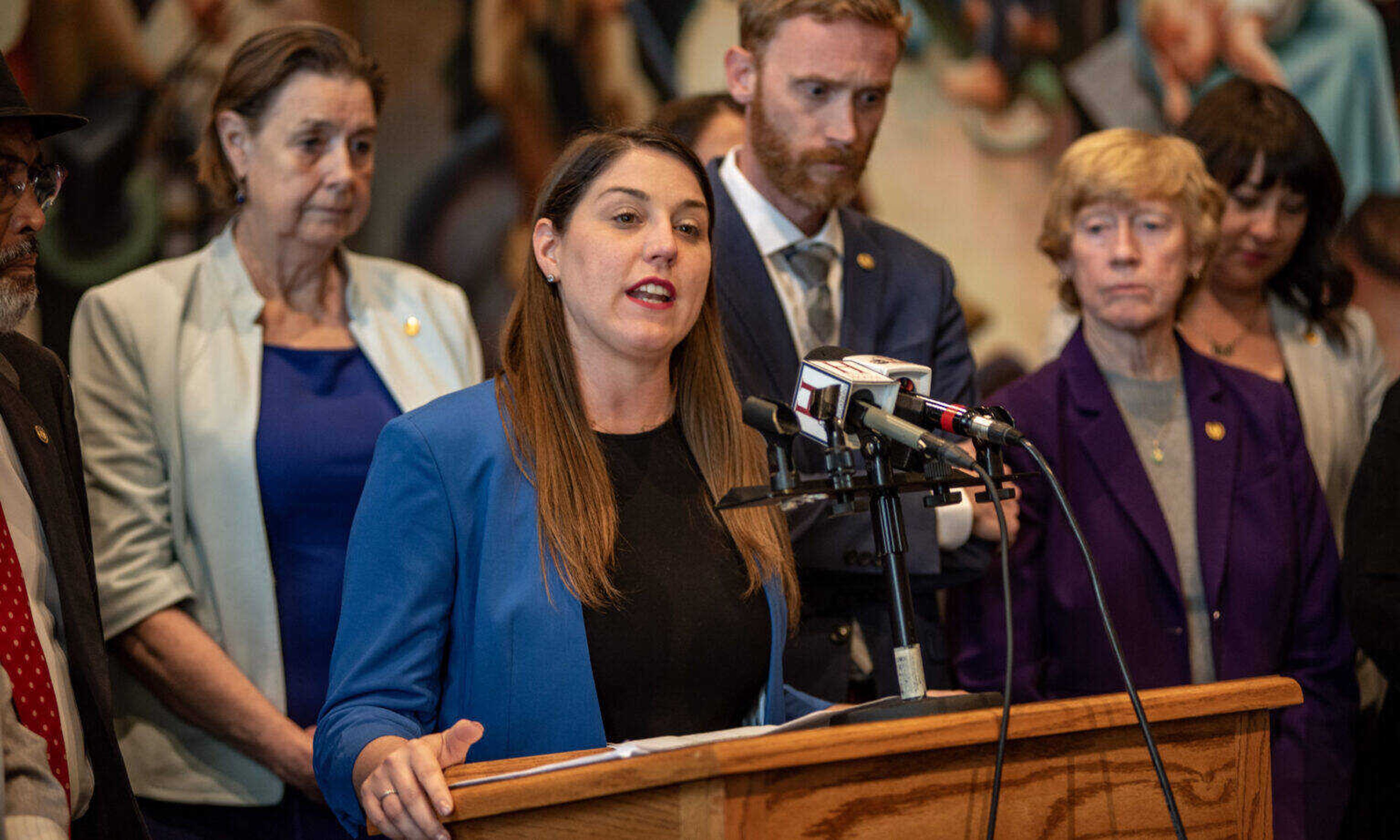 House Minority Leader Crystal Quade, D-Springfield, speaks about the Fiscal Year 2025 Operating Budget during a press conference on May 10. 