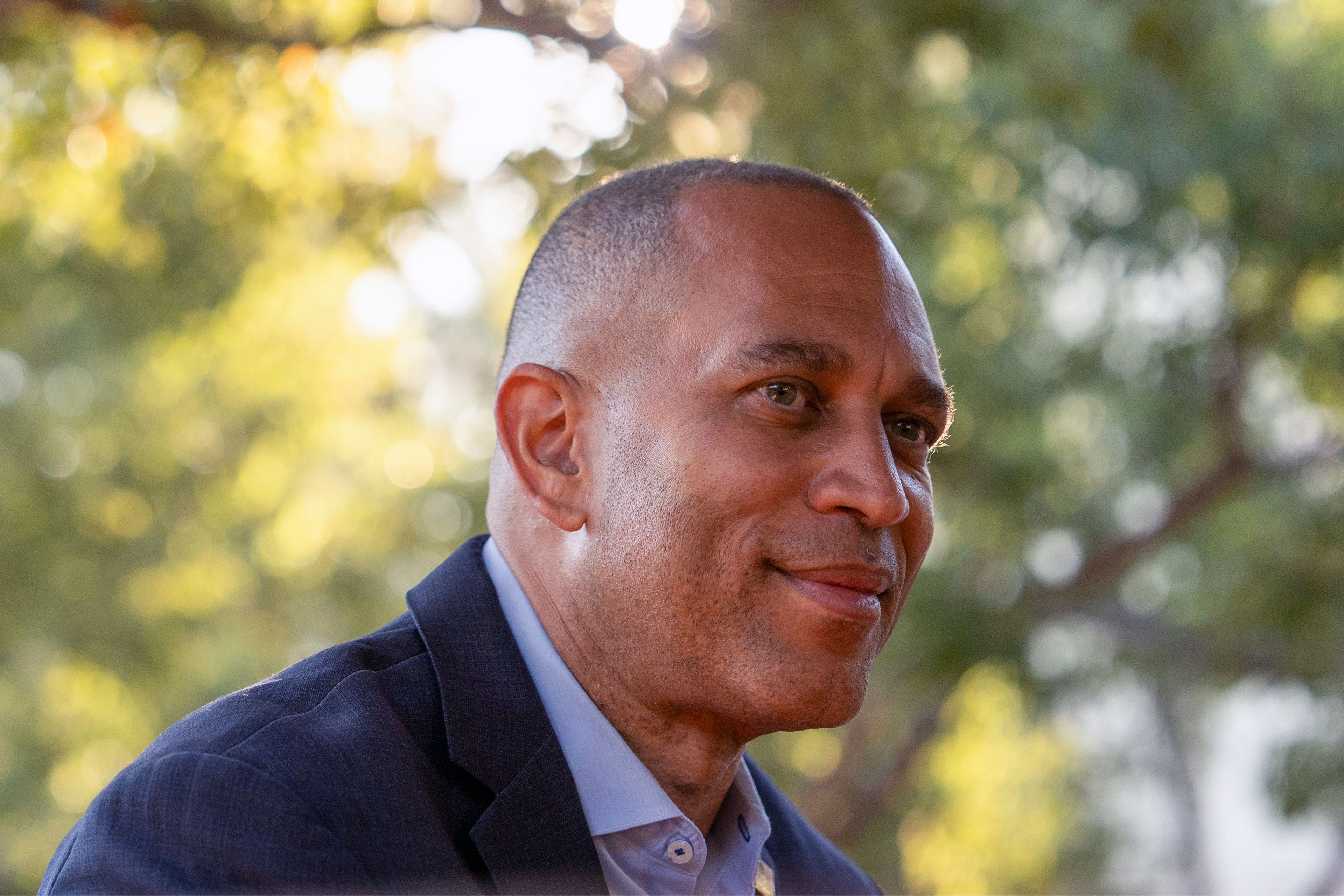 House Minority Leader Hakeem Jeffries, D-N.Y., during an interview with The Associated Press, Saturday, Oct. 12, 2024, in Irvine, Calif. (AP Photo/Julia Demaree Nikhinson)