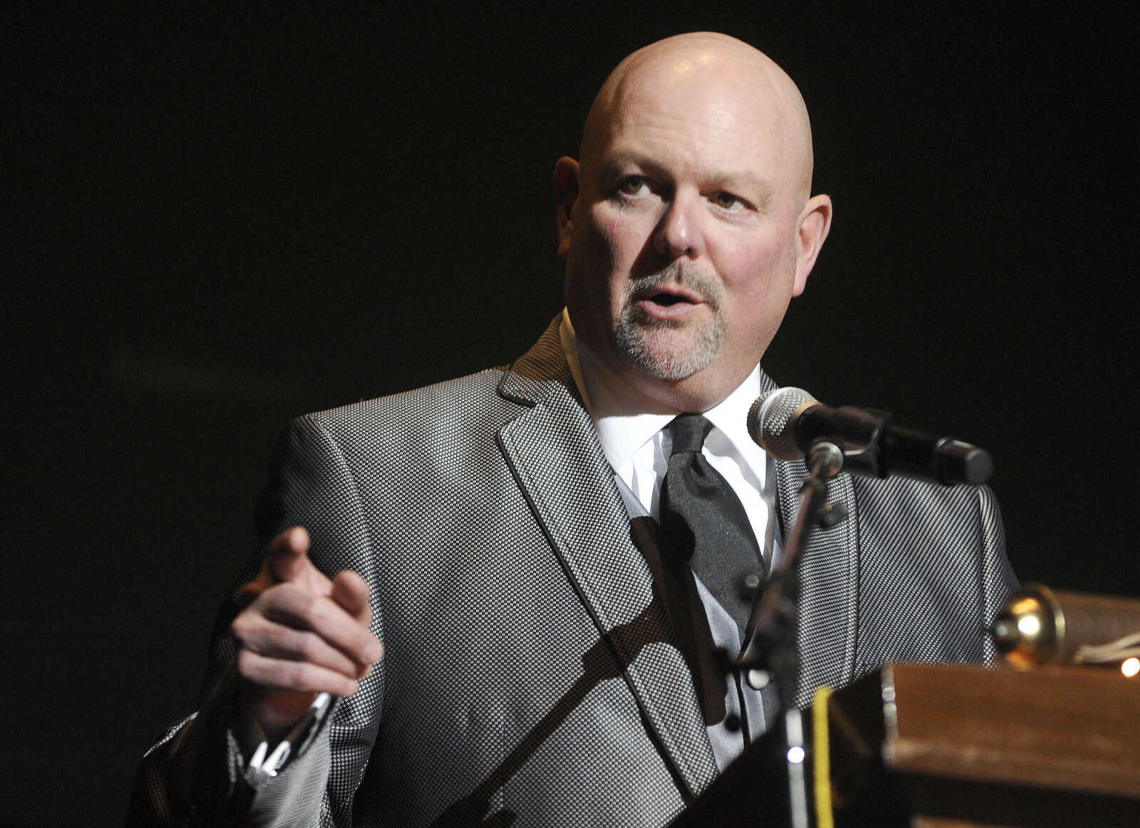 Jay Knudtson, outgoing board chairman of the Cape Girardeau Area Chamber of Commerce, speaks at the annual dinner Friday, Jan. 29, 2016 at the Show Me Center.